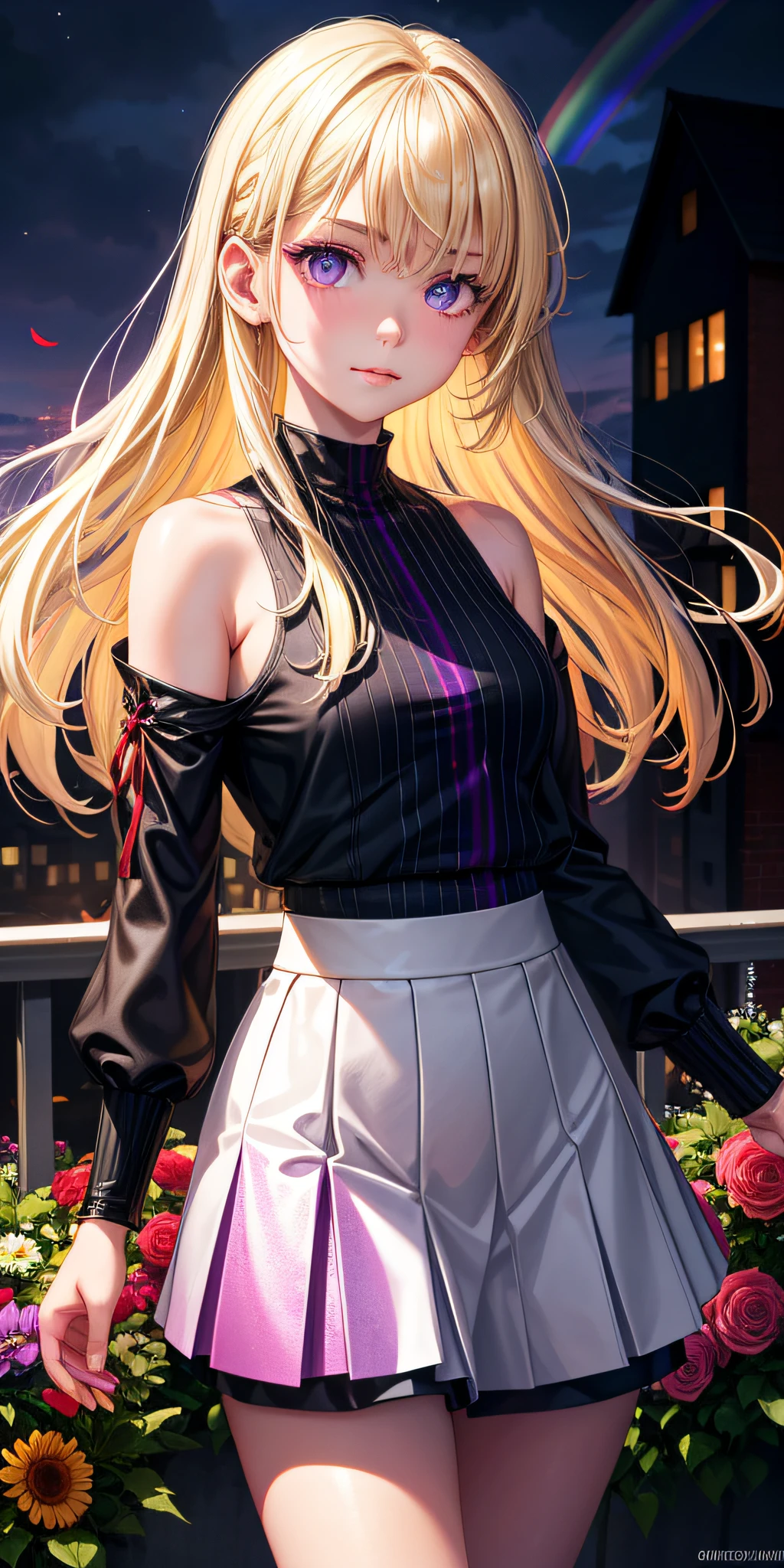 realisticlying,1girl,Blonde hair,Purple eye,glowing light eyes,Cut the top,a skirt,parted lip,Be red in the face,the night,fresh flowers,rainbow,lineworks,pigment,