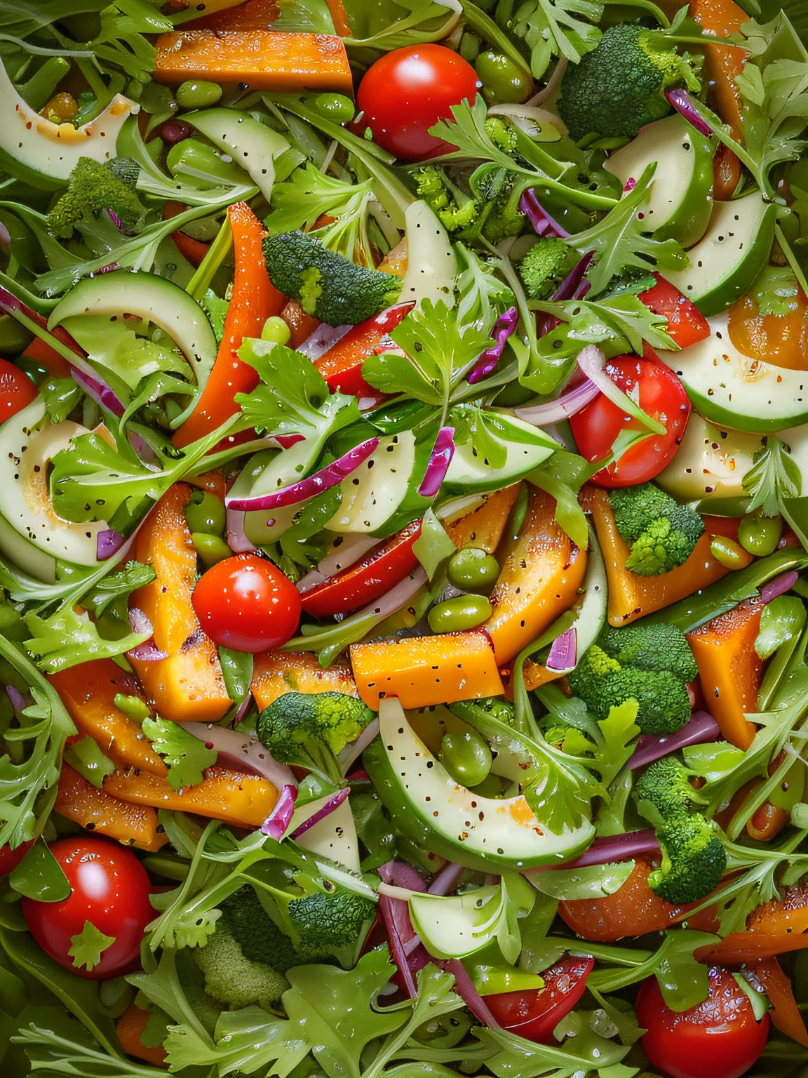 luscious, Bright and appetizing vegetable salad, Scattered apart, with vivid details and high detail, cinematic style with HDR effect, created with Adobe Lightroom.