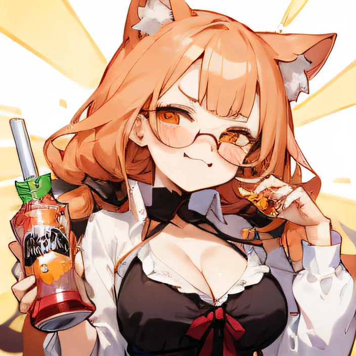 Cartoon girl with sunglasses and drink in her hands，Umaru-chan，Shikamimi，cute anime face，kawaii anime manga style，Nekomimi，cute kawaii girls，Lori huge breasts cleavage，Ah Jiang high face，kawaii manga style，anime visual of a cute girl，anime girls drink Energy drink，ahegao，Uma Musum，senko-san，The color hair，stickfigure