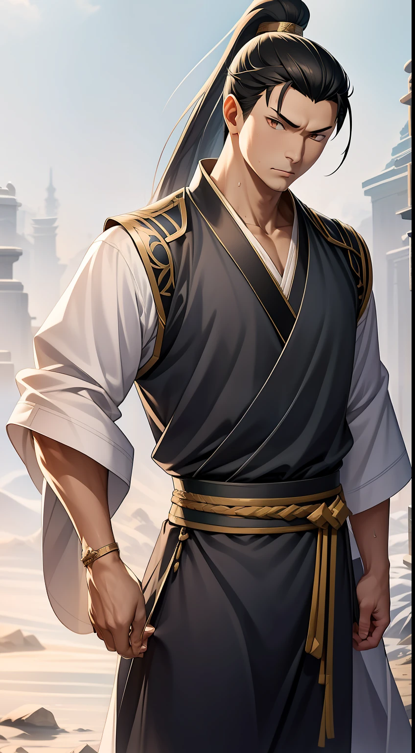 quadratic element,style of anime,mtu(Male Warrior),The proportions are correct,Face details,swordsmen,High ponytail hairstyle,Neck details,There is an Adam's apple,Black Hanfu,kaftan,Embroidered robes,Black robe,clothes details,Handing over,longer sleeves,Game quality,Swordsmanship,Light and shadow tracking,Ray traching,detailed glow,cg render,hair detail,long white hair,Black eyes,Handsome,Handsome,(juvenile sense),Clothing is complicated,Perfectcomposition,Refinement,high qulity,higher details,Lots of details,The background is complex,a sense of atmosphere,