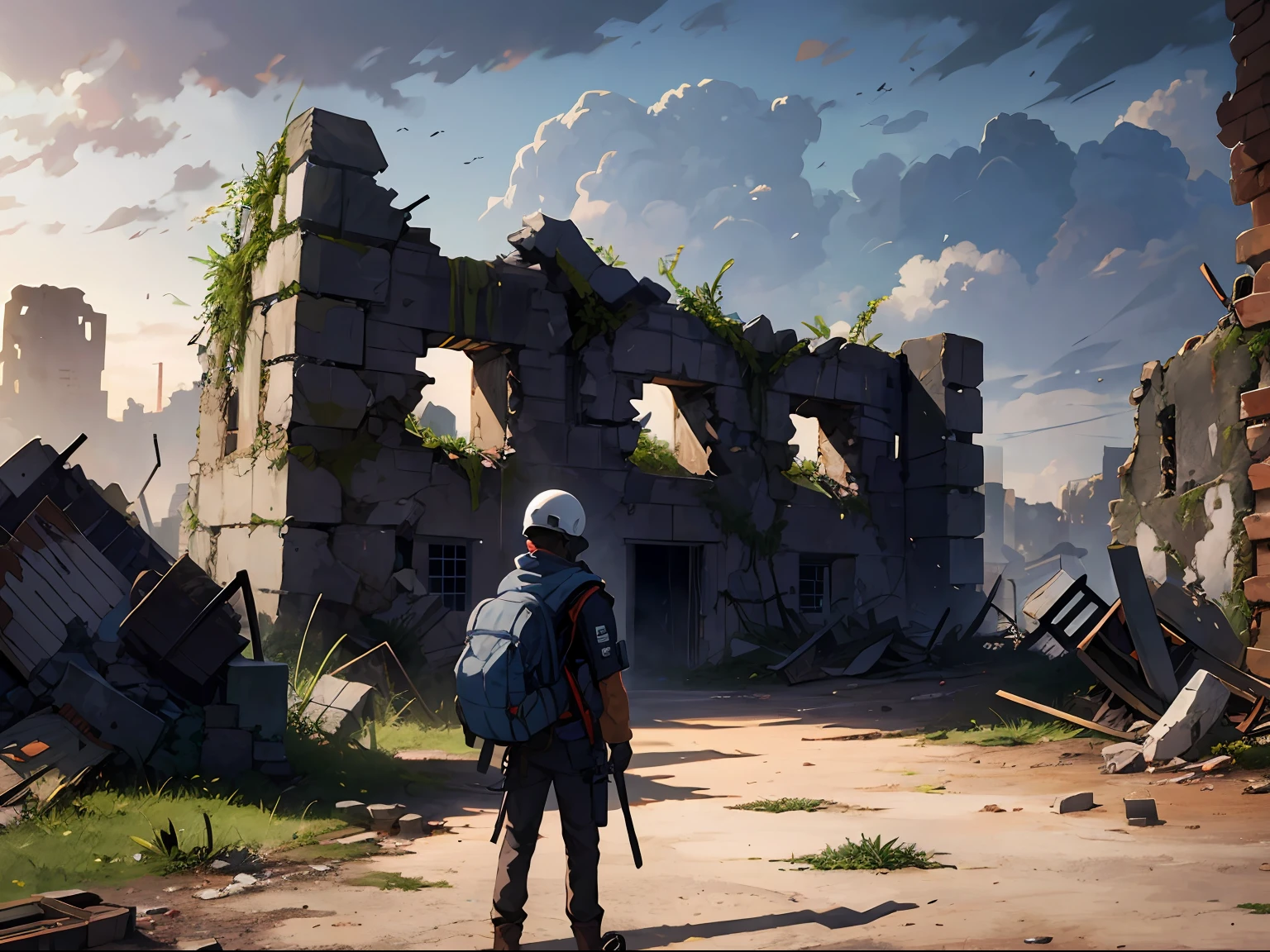 k hd,ultra-detailliert,The illustrations are of excellent quality,In gray weather,Show the ruins of a ruined city,The protective clothing is shabby and characterful,r in helmet,Clear characters