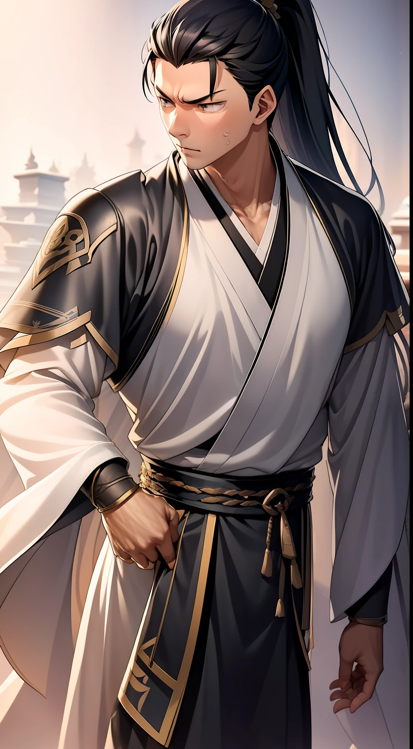 quadratic element，style of anime，mtu（Male Warrior），The proportions are correct，Face details，swordsmen，High ponytail hairstyle，Neck details，There is an Adam's apple，Black Hanfu，kaftan，Embroidered robes，Black robe，clothes details，Handing over，longer sleeves，Game quality，Swordsmanship，Light and shadow tracking，Ray traching，detailed glow，cg render，hair detail，long  white hair，Black eyes，Handsome，Handsome，（juvenile sense），Clothing is complicated，Perfectcomposition，Refinement，high qulity，higher details，Lots of details，The background is complex，a sense of atmosphere，