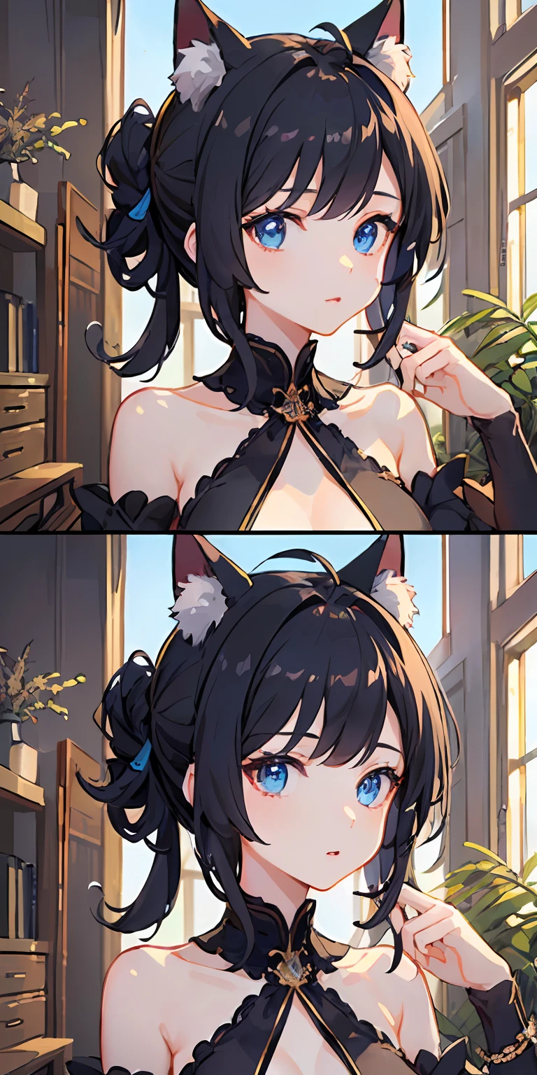 ((top-quality))、((a masterpiece of))、((ultra-definition))、(illustratio)、(Fine light)、(Extremely delicate and beautiful)、(((独奏)))、1 girl in、(((beautiful a girl)))、mideum breasts,blue eyess,(Black cat ears), (Ahoge), shorth hair, (Maeby Hair),Idol costumes、