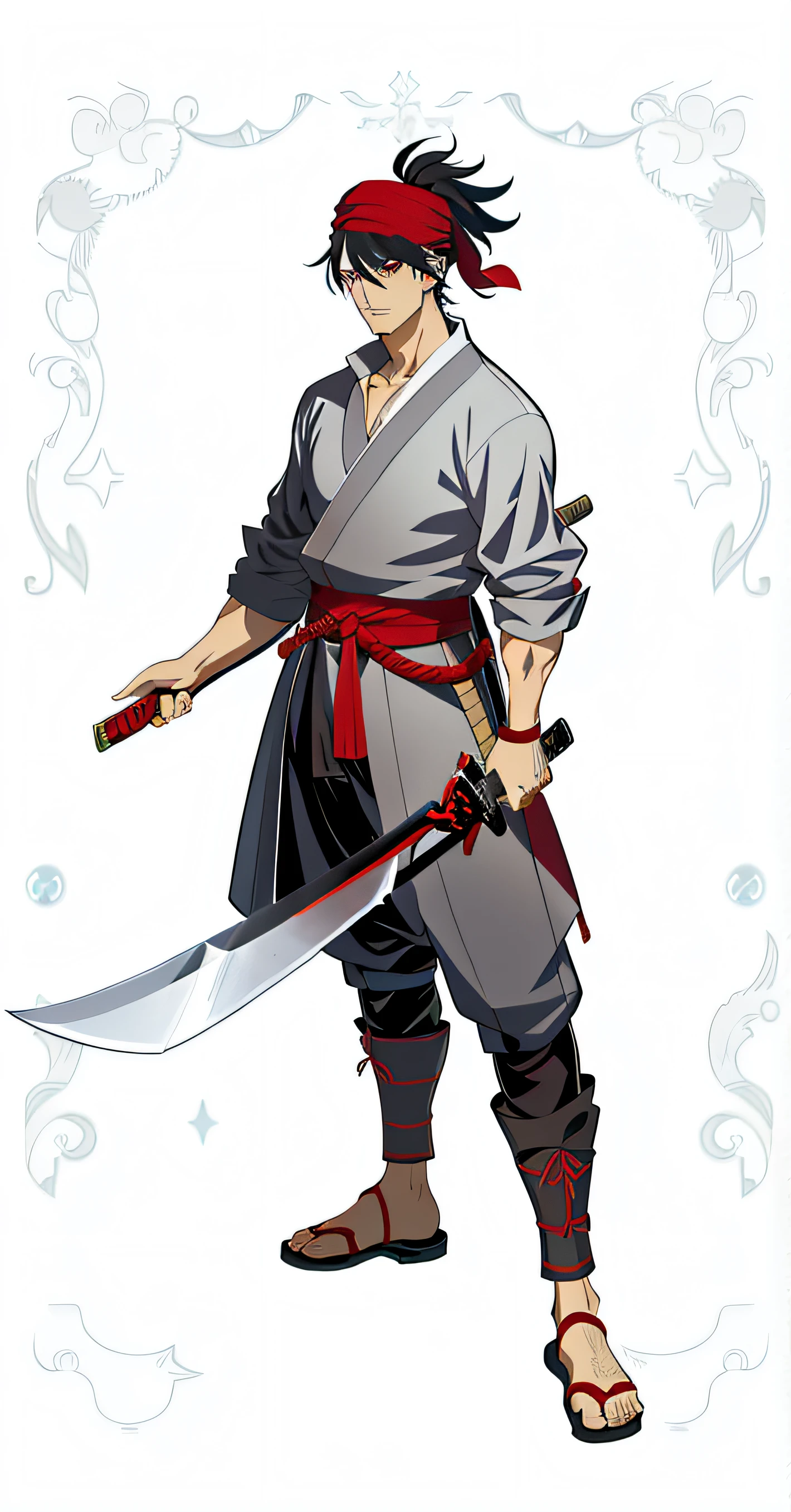 Anime characters with sword and red turban, official character art, dramatic wielding katana pose, Katana Zero video game character, with large sword, handsome guy in demon killer art, angry character wielding a sword, inspired by Kanō Hōgai, official character illustration, ( ( concept art of character ) ), inspired by Kanō Sanraku