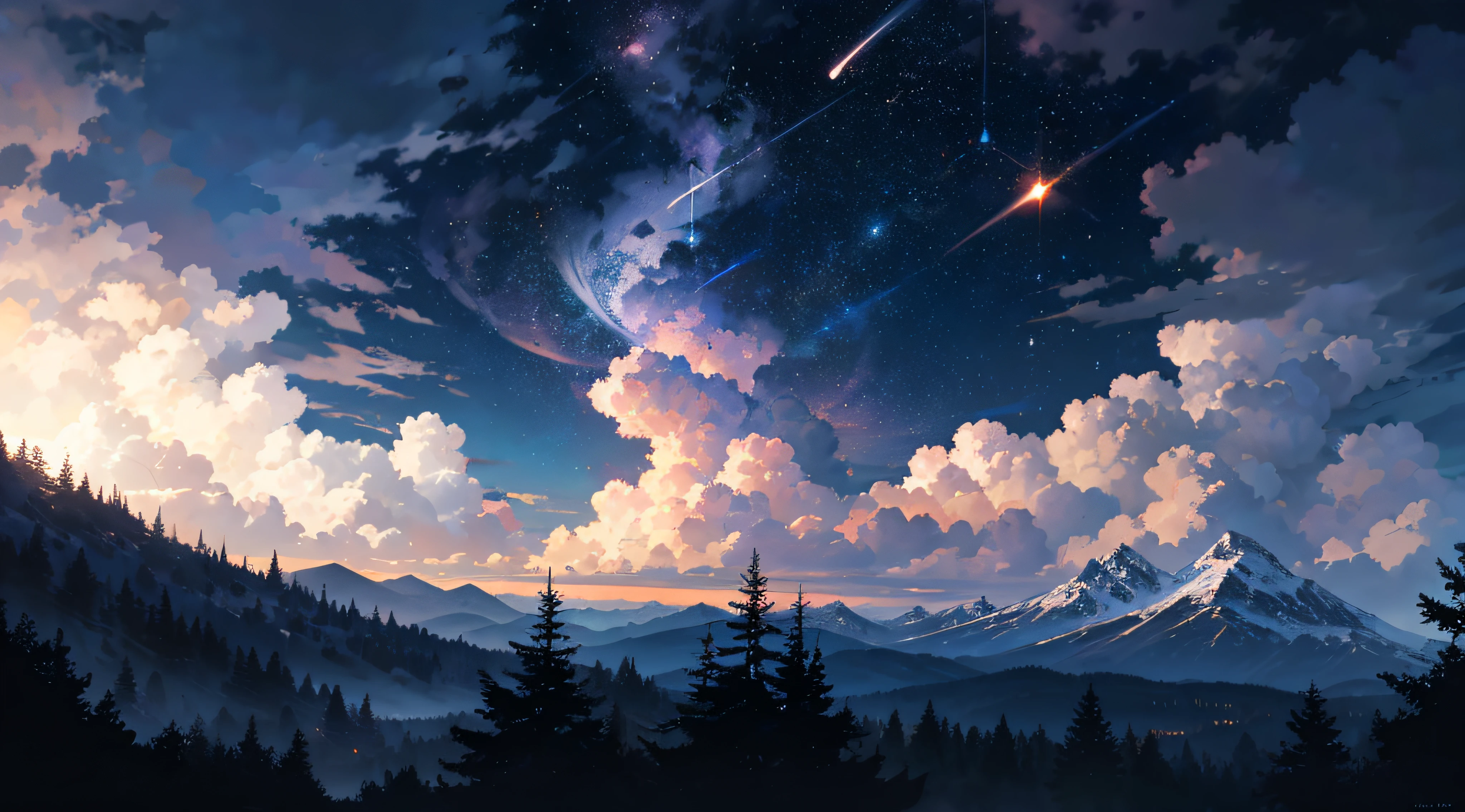 Expansive landscape photograph，（moon full：1.2），（meteors：0.9），（Starcloud：1.3），Far Mountain, Tree BREAK making art，（Warm light source：1.2），（glowworm：1.2），lamp lights，Lots of purple and orange，Complicated details，Volumetriclighting，Realism BREAK（tmasterpiece：1.2），（best qualtiy），8K，Ultra-detailed，（dynamic compositions：1.4），The is very detailed，Colorful details，（Irridescent color：1.2），（luminouslighting，Atmospheric lighting），dream magical，magical，（独奏：1.2），（（best qualtiy））， （（tmasterpiece））， （the detail：1.4），depth of fields，maximum definition and sharpness，perfectly proportions，Fluttering clouds，Wallpapers