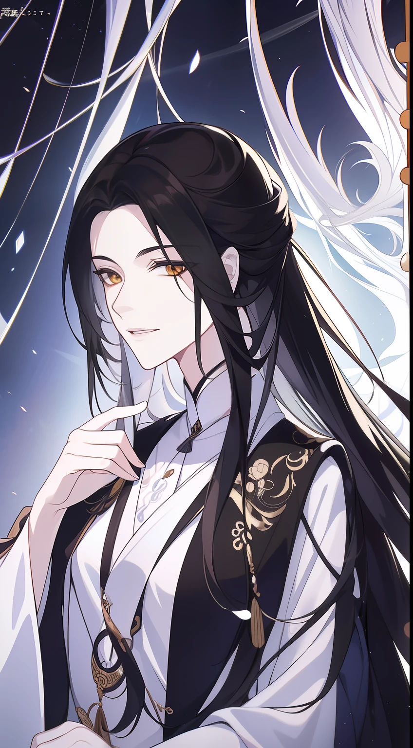 (tmasterpiece,top Quority,best qualtiy,offcial art,Beauty and aesthetics:1.2 Very detailed,(s fractal art:1.3),Most detailed,Black color hair,White eyes,White Chinese clothing,mtu,long whitr hair,full bodyesbian