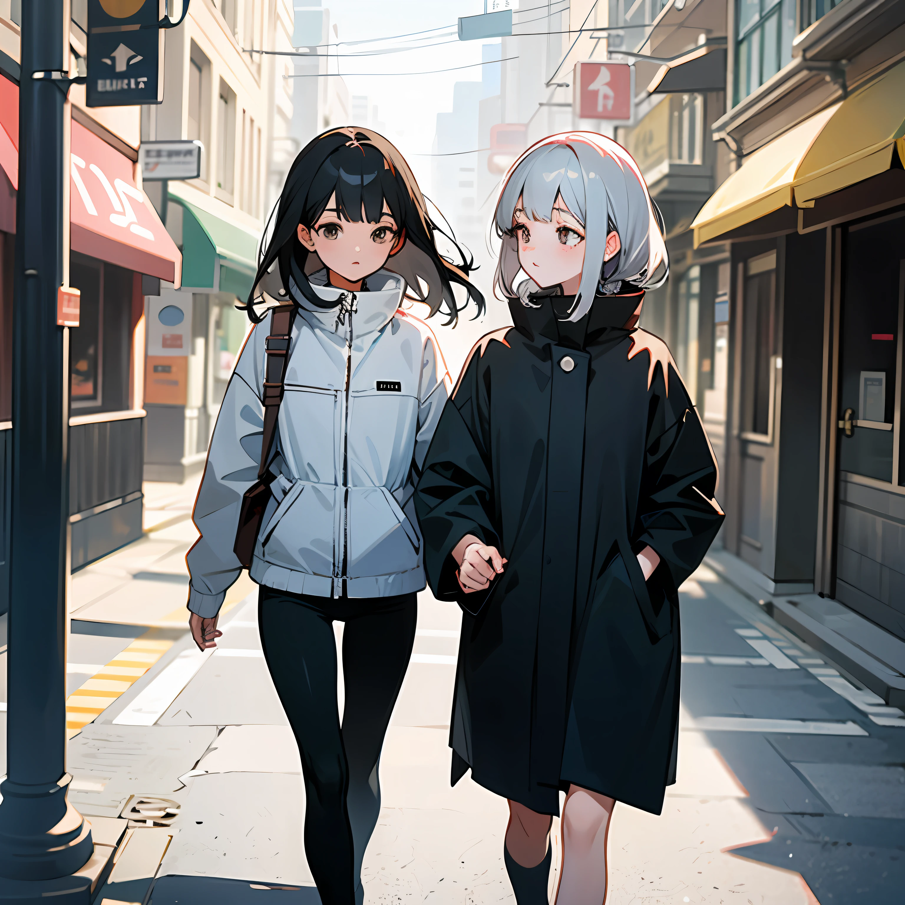 Two girls walking down the street together，A gray hair，a black-haired