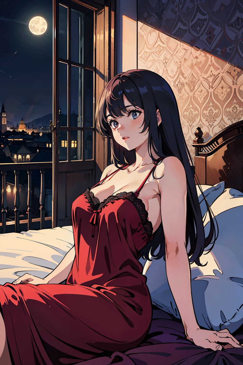 Pubic area is clear，4k wallpaper，HighestQuali，A age girl，Burgundy silk nightdress，Reallightandshadow，rays of moonlight，Luxurious European bedroom，Red silk bedding，European style architecture，nighttime scene，The upper part of the body