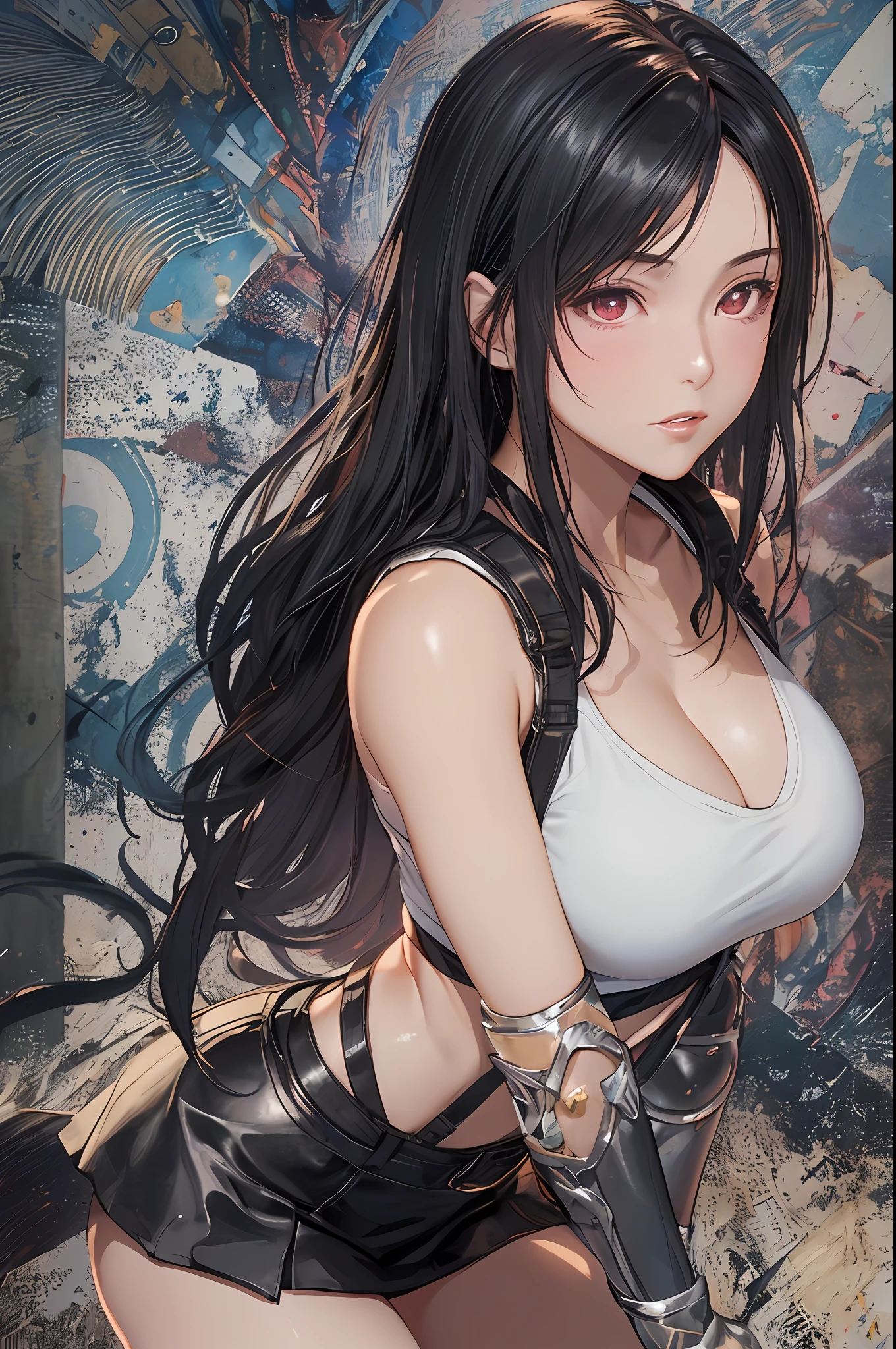 8k,masterpiece, bset quality,big, (1 girl), tifa lockhart, red_eyes, black hair, long hair, professional lighting, (shiny skin: 1.2), shiny big, ((best quality)), sharp focus: 1.2, highly detailed face and skin texture, detailed eyes, perfect face, perfect body, blur art, cg, background, Big breasts, presence (20yo, mature cool and beautiful face), wearing ((suspender black skirt), black elbow gloves, white taut shirt, thigh, white tank top), blush, (mittgal), random pose, top view,