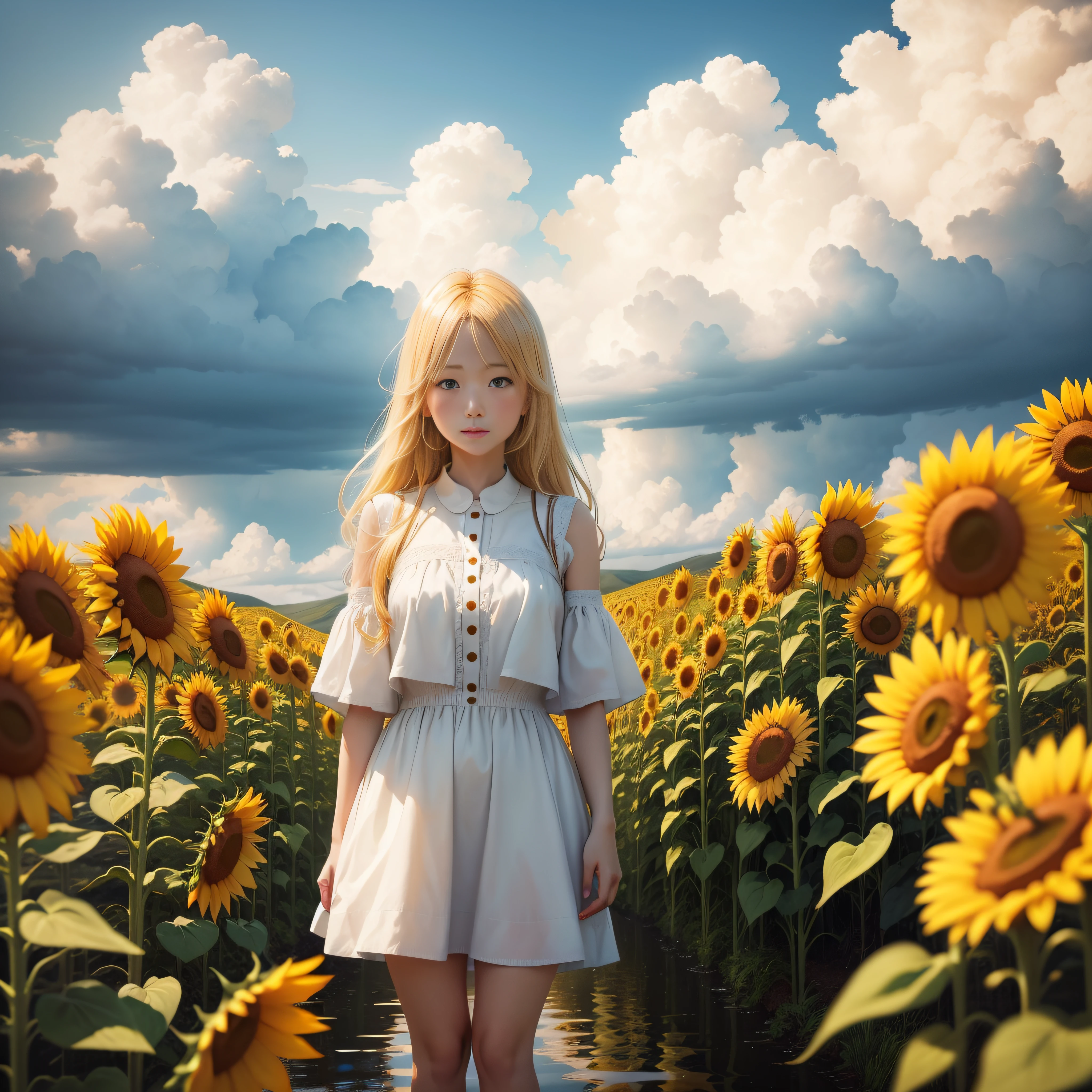 Standing in a yellow sunflower field、a blonde girl、blue-sky、white clouds、８K、Realistic as a photo、细致背景、Flooded with light、perspiring、８ｋ