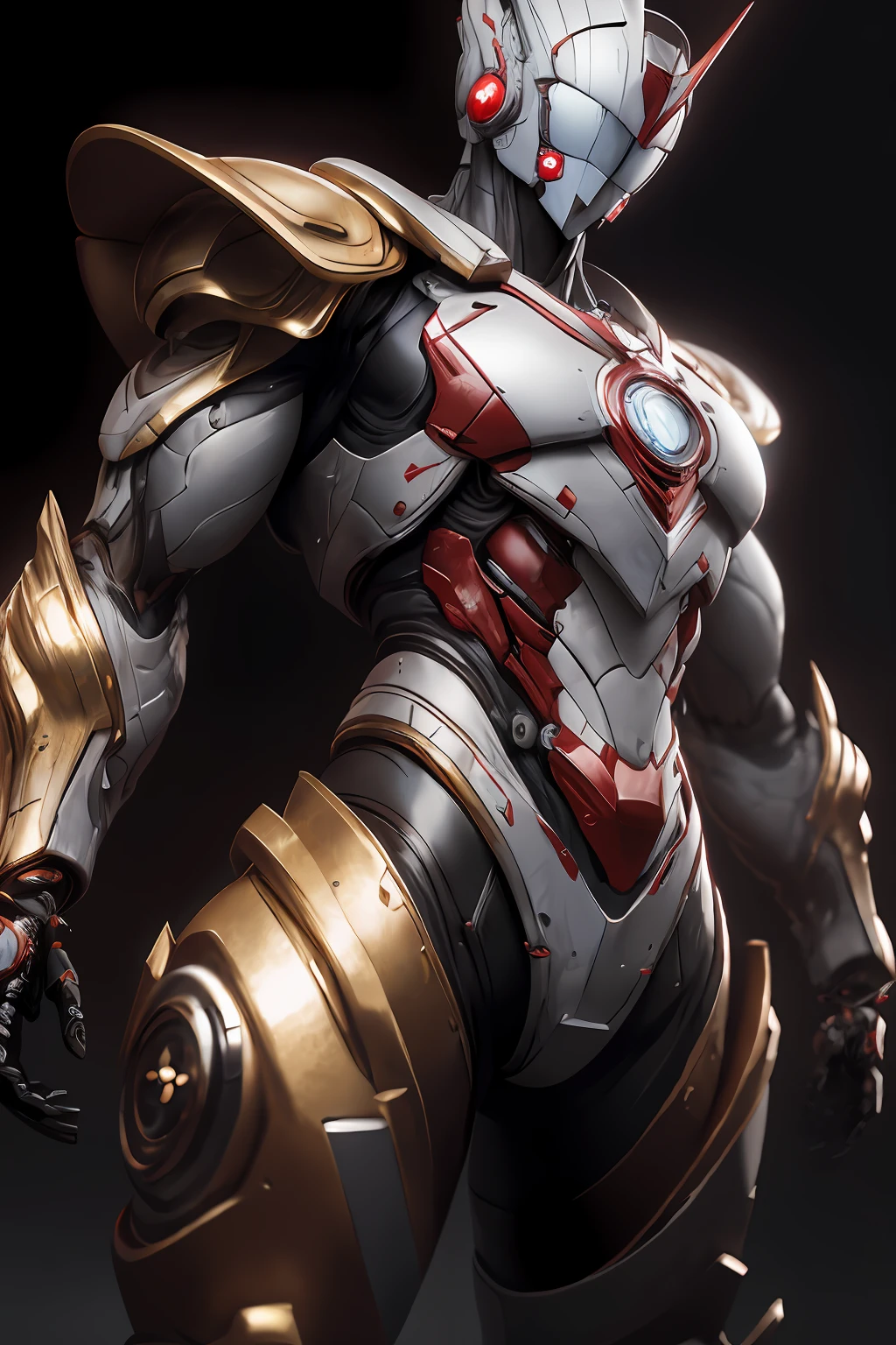 tmasterpiece，Best quality at best，A high resolution，realisticlying，The upper part of the body，1boys，s Ultraman，MechUltraman，looking at viewert，golden colored，white colors，red colour，power armour，fully armoured，（semi transparent：1.4），（lewd poses：1.1），Biomechanicals，mini city，metal reflective，dramatic  lighting，3D，ultra - detailed，rendering by octane，（Huge feeling）