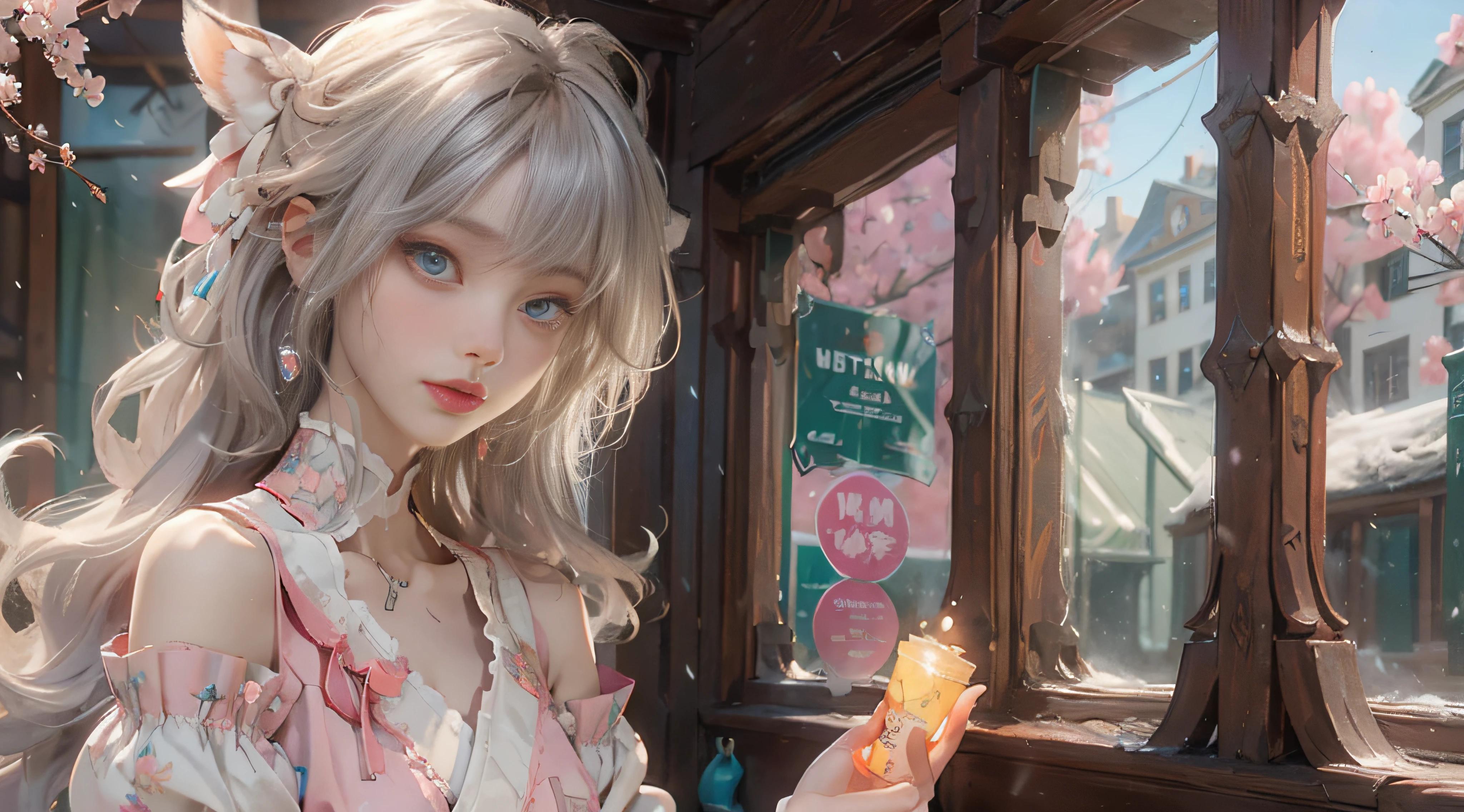 ((best qualtiy)), ((tmasterpiece)), (detail:1.4), Beautiful cyberpunk female images,hdr(HighDynamicRange),Ray traching,NVIDIA RTX,Hyper-Resolution,illusory 5,sub surface scattering,PBR textures,post-proces,Anisotropy Filtering,depth of fields,maximum definition and sharpness,Many-Layer Textures,Albedo e mapas Speculares,Surface coloring,Mitsu-Accurate simulation of material interactions,perfectly proportioned,rendering by octane,Two-colored light,largeaperture,Low ISO,White balance,Rule three points、8K raw data、Beautiful bright blue pupils,off-the-shoulder clothes,Fine pupils,Delicate face and eyes,long eyelasher,Blushlush,Delicate and fluffy hair,pink lip,Pure,Cute face,Sweet girl,Artistic sense,Casual wear,Advancedsense,butterflys,Cherry blossom petal,Beautiful hair accessories,Long hair and waist,Hair fluttering in the wind,Snow-white fox ears,curlies