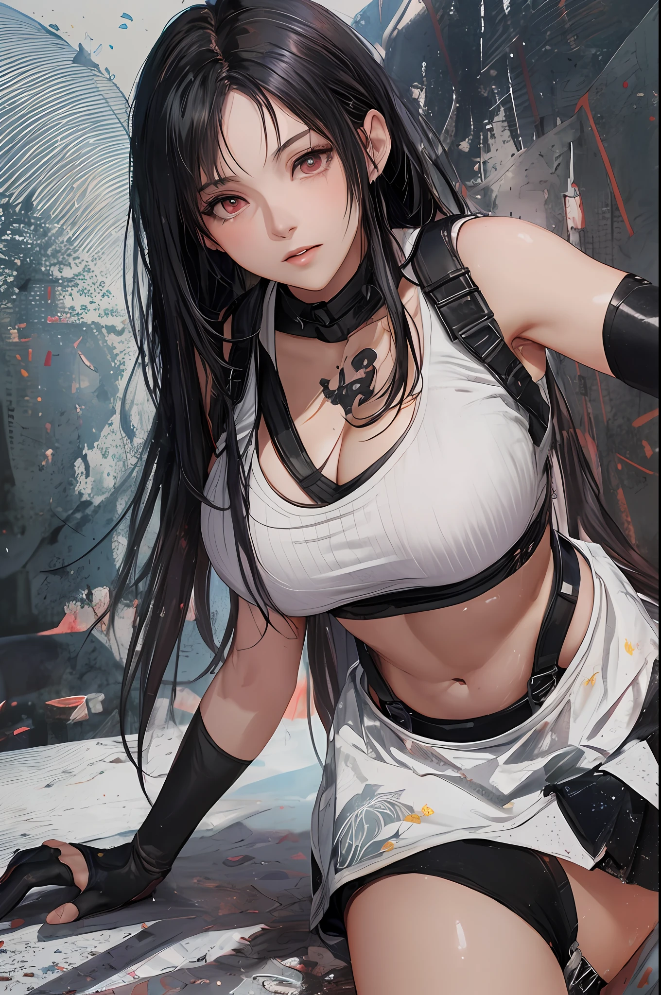 8k,masterpiece, bset quality,big, (1 girl), tifa lockhart, red_eyes, black hair, long hair, professional lighting, (shiny skin: 1.2), shiny big, ((best quality)), sharp focus: 1.2, highly detailed face and skin texture, detailed eyes, perfect face, perfect body, blur art, cg, background, Big breasts, presence (20yo, mature cool and beautiful face), wearing ((suspender black skirt), black elbow gloves, white taut shirt, thigh, white tank top), blush, (mittgal), random pose, top view,