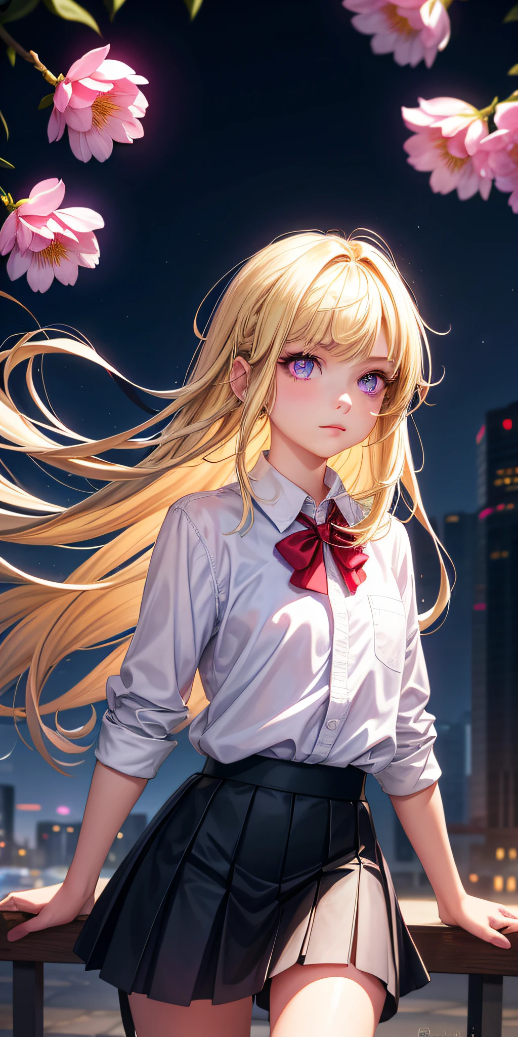 realisticlying，1girl，Blonde hair，Purple eye，glowing light eyes，Cut the top，a skirt，parted lip，Be red in the face，the night，fresh flowers，rainbow，lineworks，pigment，