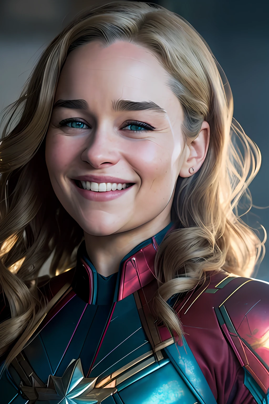 pretty Emilia Clarke as the  captain marvel, smiling, Night, soft lighting, dynamic angle, realistic lighting, smiling, happy, background at scene from the wonder-woman movie,, photo by Brooke DiDonato, (natural skin texture, hyperrealism, soft light, sharp:1.2), (intricate details:1.12), hdr masterpiece, best quality, (highly detailed photo:1.1), 8k, photorealistic ,(SFW),