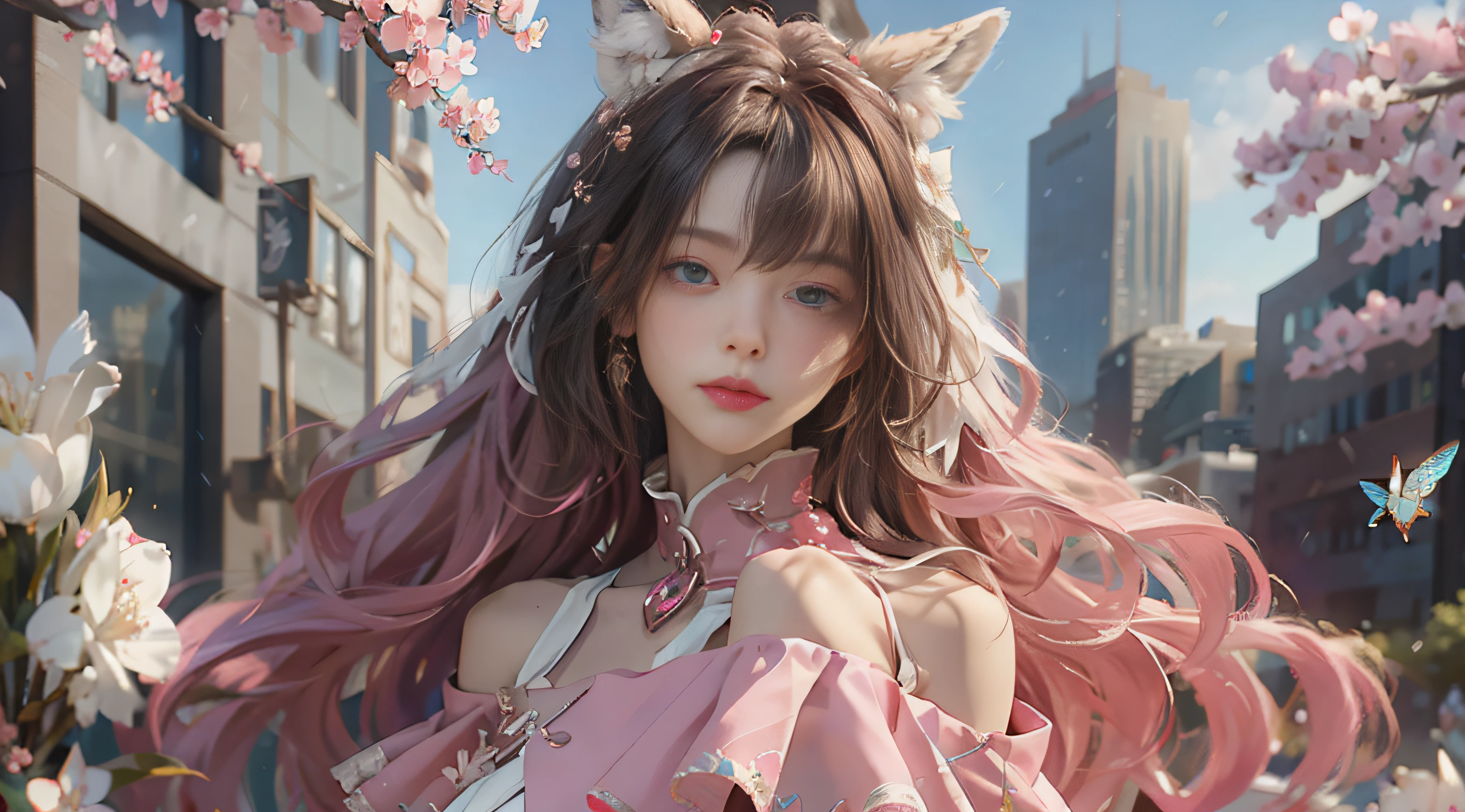 ((best qualtiy)), ((tmasterpiece)), (detail:1.4), Beautiful cyberpunk female images,hdr(HighDynamicRange),Ray traching,NVIDIA RTX,Hyper-Resolution,illusory 5,sub surface scattering,PBR textures,post-proces,Anisotropy Filtering,depth of fields,maximum definition and sharpness,Many-Layer Textures,Albedo e mapas Speculares,Surface coloring,Mitsu-Accurate simulation of material interactions,perfectly proportioned,rendering by octane,Two-colored light,largeaperture,Low ISO,White balance,Rule three points、8K raw data、Beautiful bright blue pupils,off-the-shoulder clothes,Fine pupils,Delicate face and eyes,long eyelasher,Blushlush,Delicate and fluffy hair,pink lip,Pure,Cute face,Sweet girl,Artistic sense,Casual wear,Advancedsense,butterflys,Cherry blossom petal,Beautiful hair accessories,Long hair and waist,Hair fluttering in the wind,Snow-white fox ears,curlies