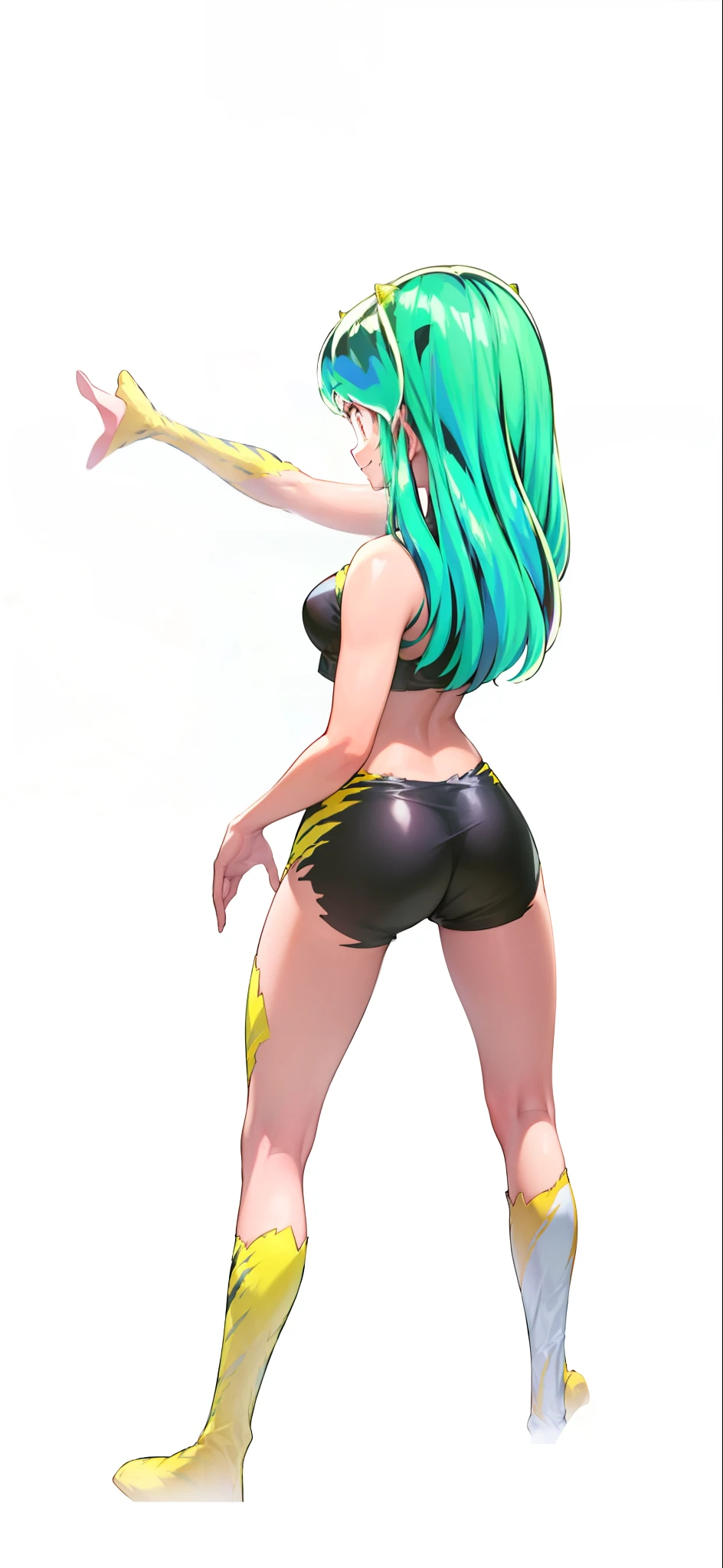 Tiger print boots、sport underwear、Woman with green hair and horns、Tiger print bikini、dance、animesque、urusei yatsura、A smile