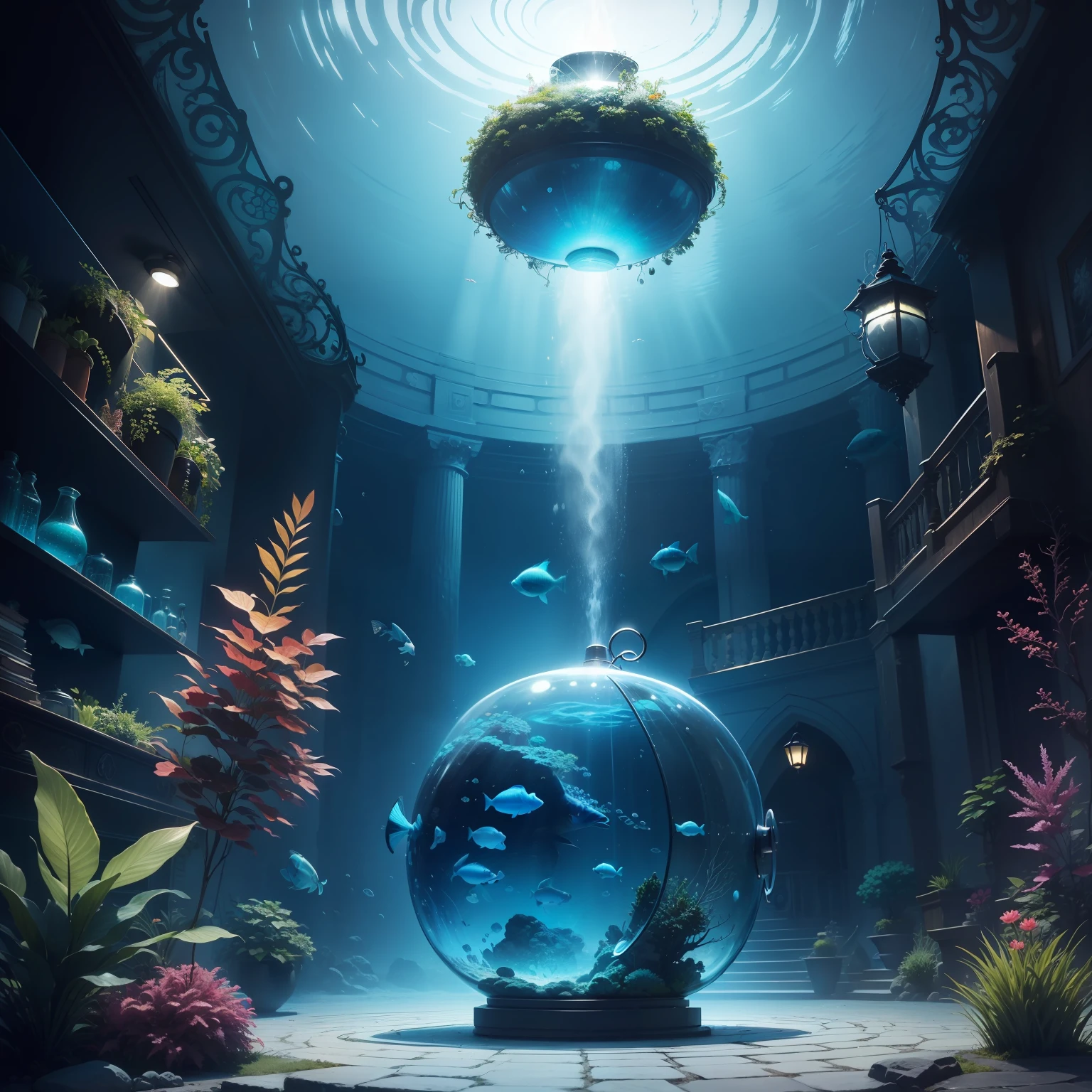 Unterwasserwelt, Riff, Korallen, exotische Fische, Blubberblasen, versunkener Schatz, Lichtstrahlen