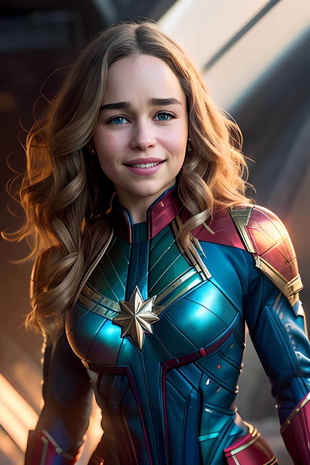 pretty Emilia Clarke as the captain marvel, smiling, Night, soft lighting, dynamic angle, realistic lighting, smiling, happy, background at scene from the wonder-woman movie,, photo by Brooke DiDonato, (natural skin texture, hyperrealism, soft light, sharp:1.2), (intricate details:1.12), hdr masterpiece, best quality, (highly detailed photo:1.1), 8k, photorealistic ,(SFW),