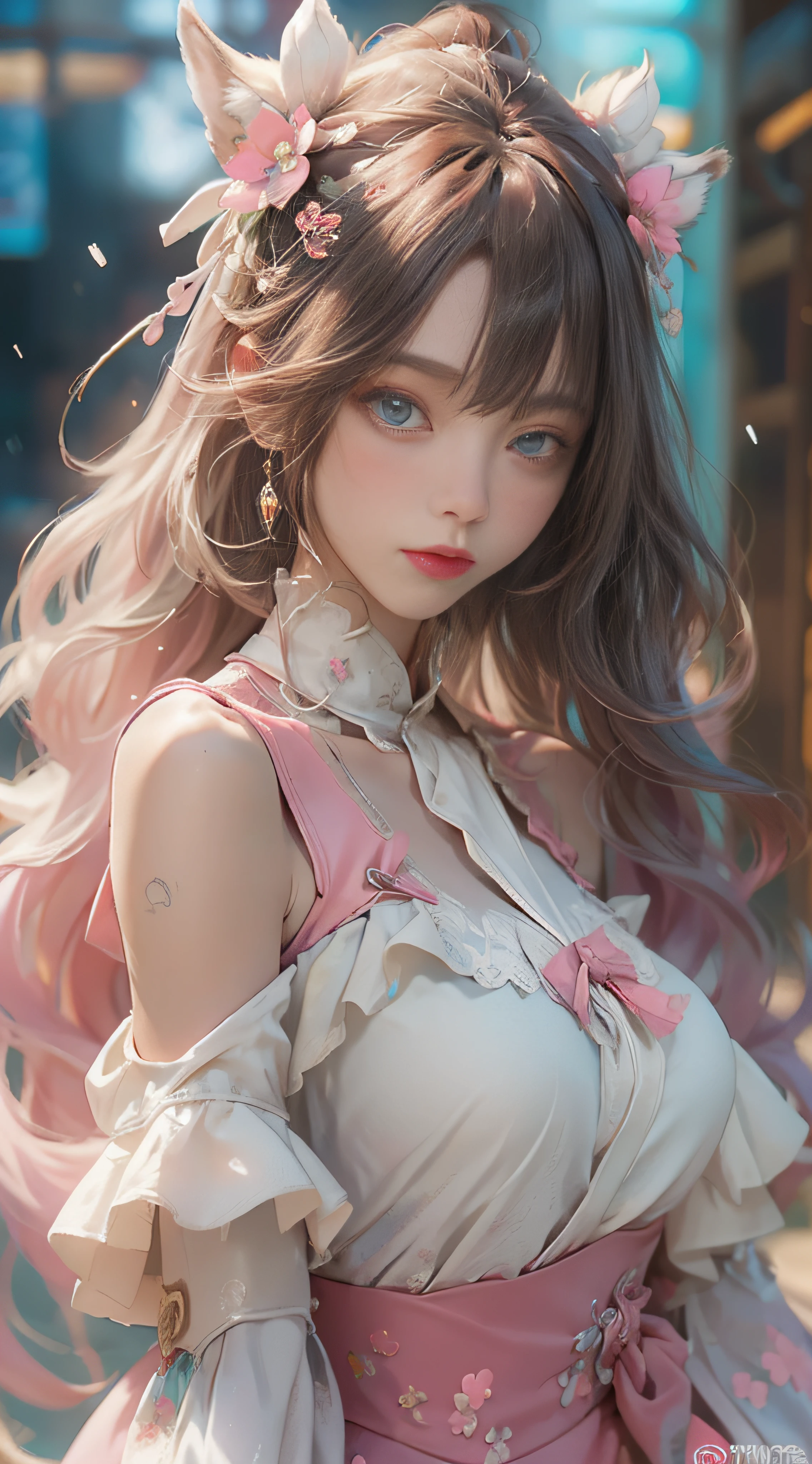 ((best qualtiy)), ((tmasterpiece)), (detail:1.4), Beautiful cyberpunk female images,hdr(HighDynamicRange),Ray traching,NVIDIA RTX,Hyper-Resolution,illusory 5,sub surface scattering,PBR textures,post-proces,Anisotropy Filtering,depth of fields,maximum definition and sharpness,Many-Layer Textures,Albedo e mapas Speculares,Surface coloring,Mitsu-Accurate simulation of material interactions,perfectly proportioned,rendering by octane,Two-colored light,largeaperture,Low ISO,White balance,Rule three points、8K raw data、Beautiful bright blue pupils,off-the-shoulder clothes,Fine pupils,Delicate face and eyes,long eyelasher,Blushlush,Delicate and fluffy hair,pink lip,Pure,Cute face,Sweet girl,Artistic sense,Casual wear,Advancedsense,butterflys,Cherry blossom petal,Beautiful hair accessories,Long hair and waist,Hair fluttering in the wind,Snow-white fox ears,curlies