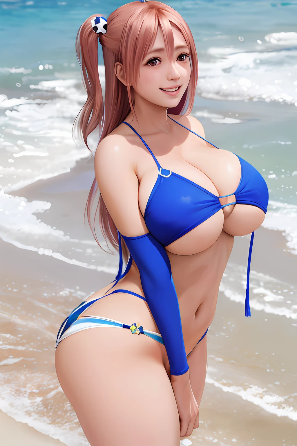 honoka, blazer azul, gravata, saia plissada, uma luva, coxas brancas NSFW