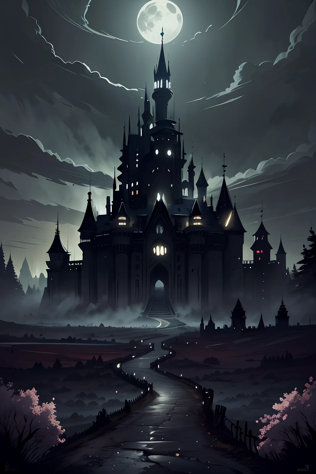 At night, a long road leads to the castle through the forest，Nearby trees bloom，The flowers of the trees in the distance withered，Picture contrast，themoon，Black night，Fortress of fantasy，borgar，Art and beauty，Castle，Broken，