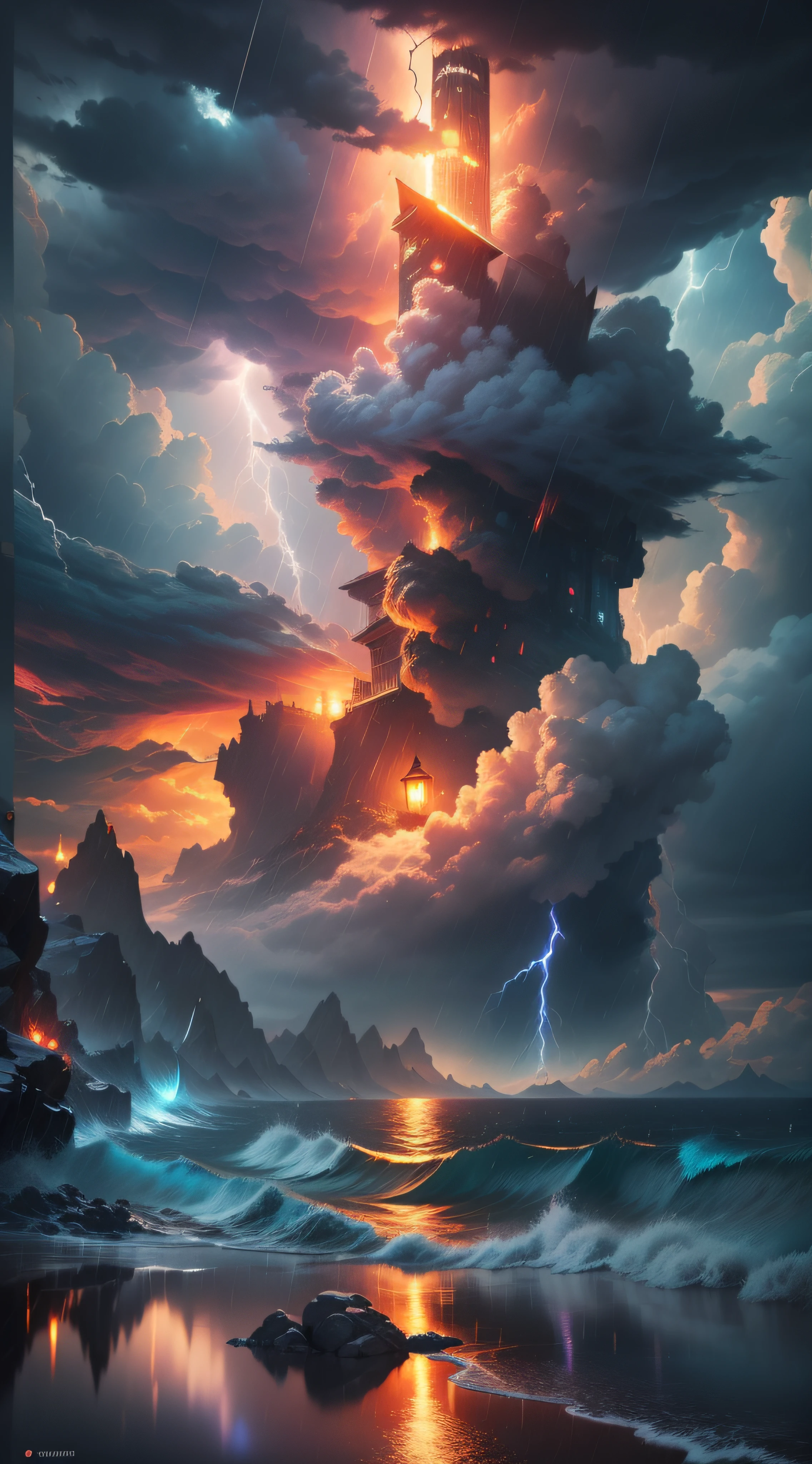 the wallpaper，（The firmament changes），（The storm is raging），The sea in summer， zori， The sun is exposed half above sea level，(((Clouds， More cloud：1.3)))，tmasterpiece， cinematic ligh， softlighting， depth of fields， Ray traching， reflection in water， hentail realism， ultra - detailed，8K,Super resolution,(((Strong storms)))