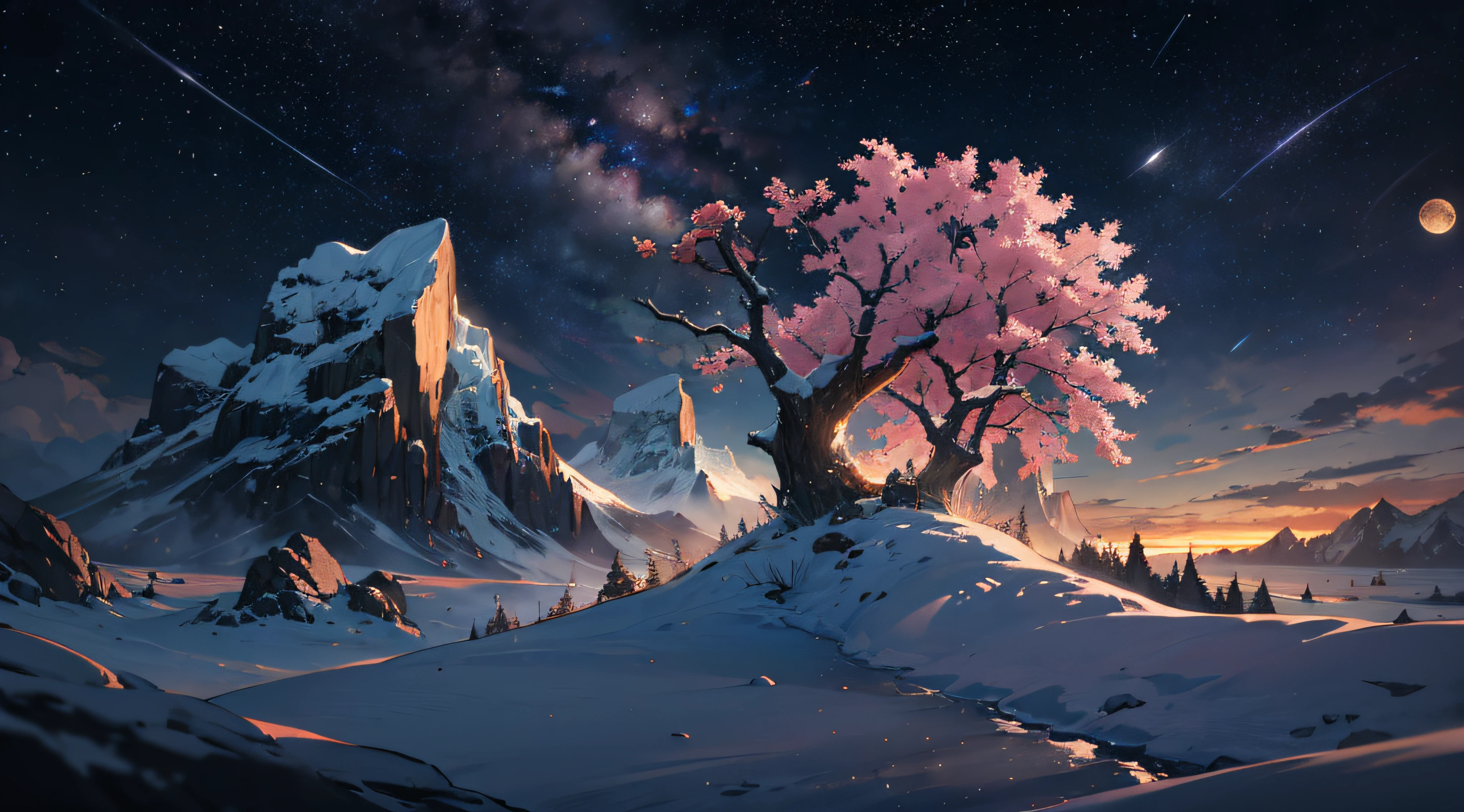 Expansive landscape photograph，（moon full：1.2），（meteors：0.9），（Starcloud：1.3），Far Mountain, Tree BREAK making art，（Warm light source：1.2），（glowworm：1.2），lamp lights，Lots of purple and orange，Complicated details，Volumetriclighting，Realism BREAK（tmasterpiece：1.2），（best qualtiy），8K，Ultra-detailed，（dynamic compositions：1.4），The is very detailed，Colorful details，（Irridescent color：1.2），（luminouslighting，Atmospheric lighting），dream magical，magical，（独奏：1.2），（（best qualtiy））， （（tmasterpiece））， （the detail：1.4），depth of fields，maximum definition and sharpness，perfectly proportions，Fluttering clouds，Wallpapers