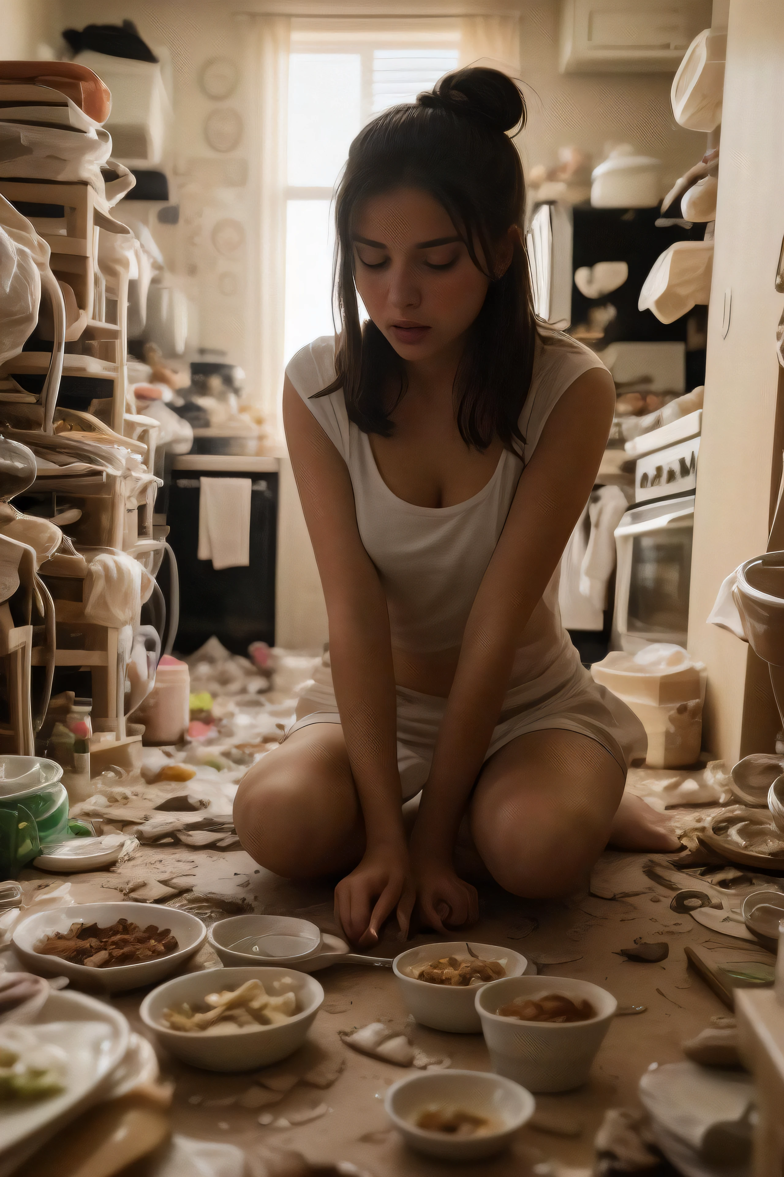 close up fullbody photo of 1girl, pretty, cutie, petite, slim, perfect body, perfect eyes, ((brunette)) messy bun hair, sitting on the kitchen floor, looking at the camera, cooking, food on the walls food mess, food everywhere, messy, gross, food fight, perfect face and eyes, film grain, cinematic, lens bokeh, epic composition, natural lighting, photography, hyperrealistic, double exposure, blurry, motion blur, absurdres, highres, high quality, best quality, masterpiece, intricate,