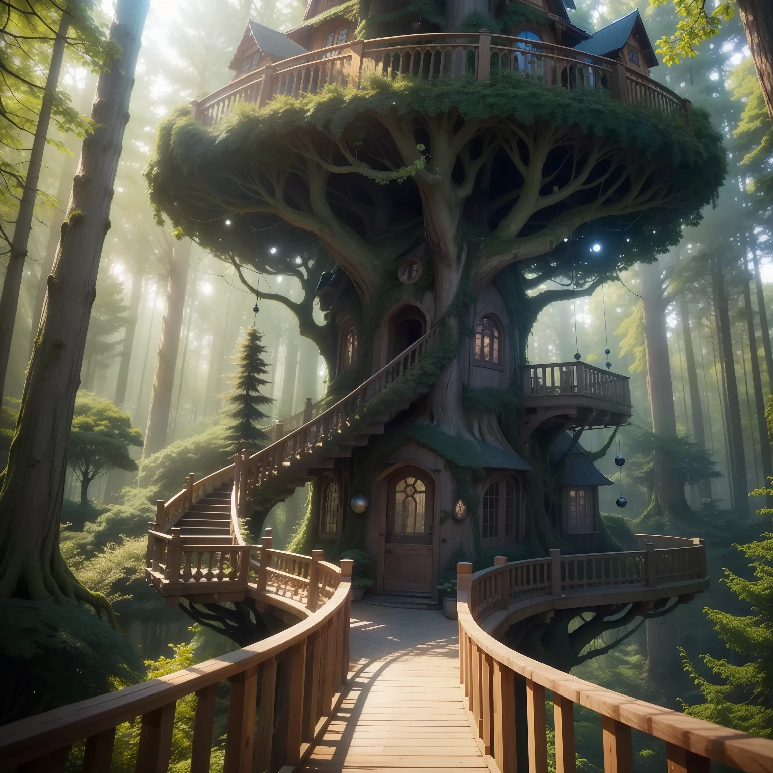 huge trees entwined with plant loops, winzige Menschen, spherical ornamental tree houses, Suspension bridges between the tree houses, in Baumrinde geschnitzte Treppen, Insekten, schimmernde Partikel in der Luft, Fairytale Forest, green, blau, gelb, lila