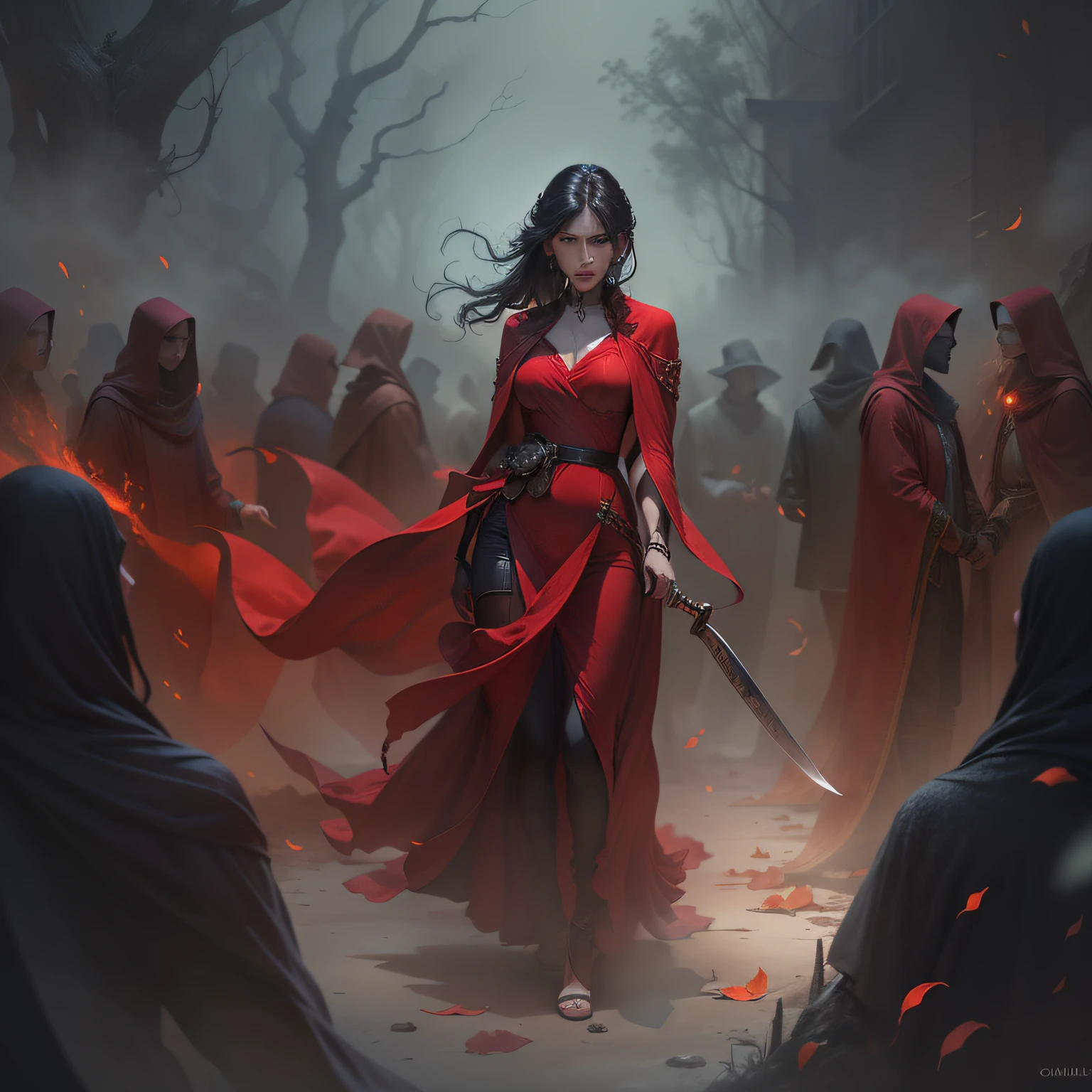 there is a woman in a red dress holding a knife,ghosts gathered in the thick fog behind her, dark fantasy style art, charlie bowater character art, red robes