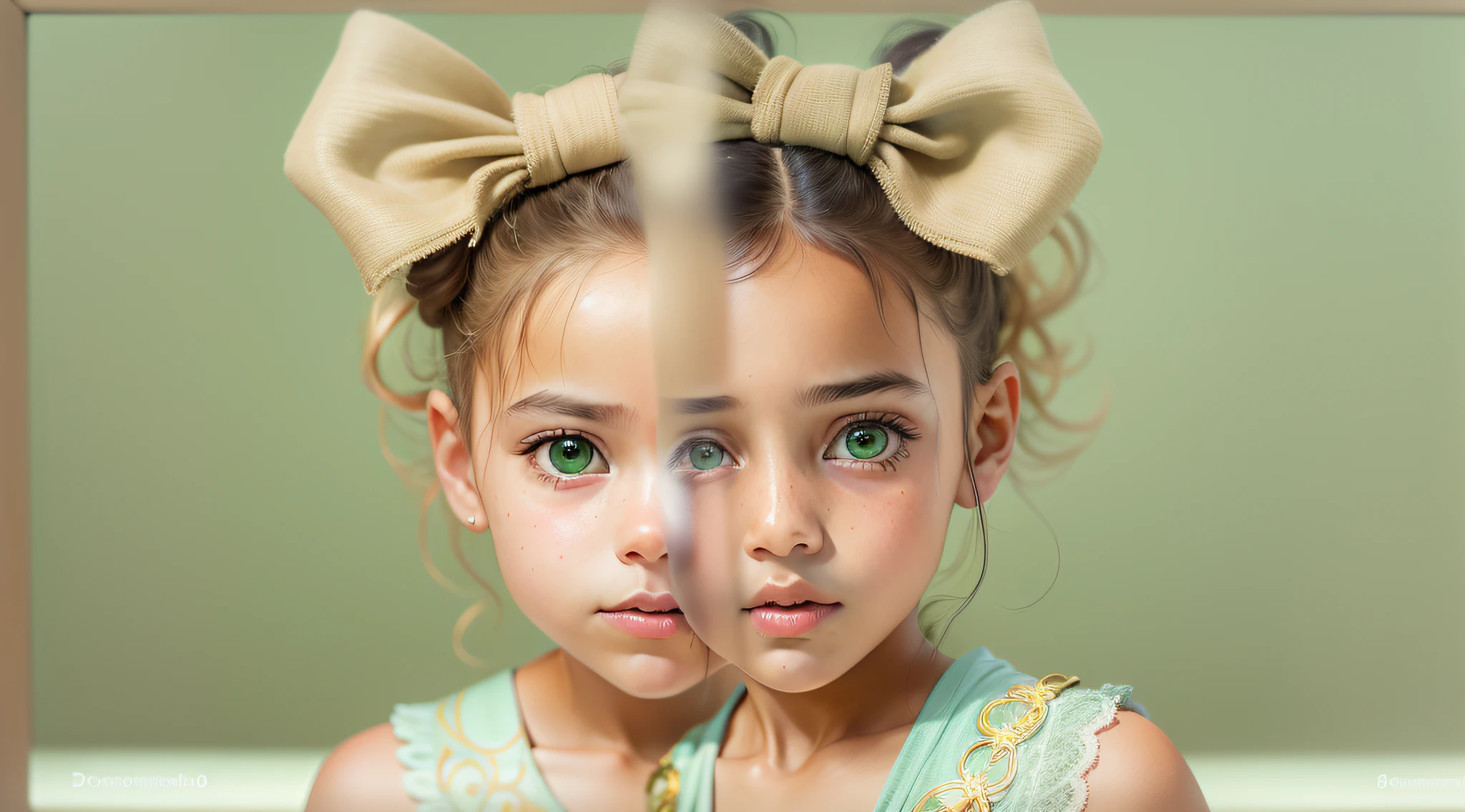 Two girls with bows on their heads posing for a photo, beautiful gemini twins portrait, beautiful gemini twins, dois penteados pigtails, penteado twintails, cabelos loiros olhos verdes, foto de retrato em close-up, penteado pigtails, meninas fofas, Duas meninas, vestindo verde e dourado elaborados, childrens, verde e ouro, vestindo roupas verdes, retrato closeup, garota, ouro e verde