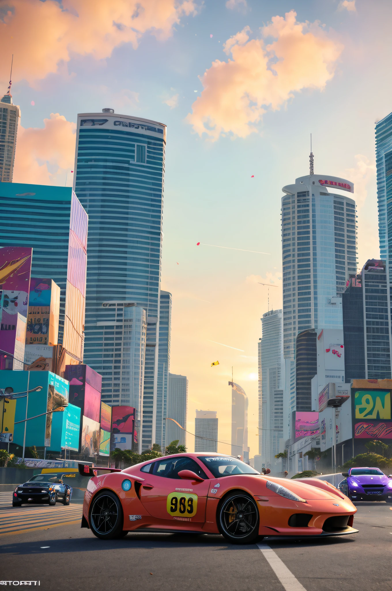 bright sunny day beautiful cloudy sky sunset sports car racing down cyberpunk Miami city streets neon signs and crowds confetti debris dust wind volumetric fog exciting epic action camera, (masterpiece:1.2) (photorealistic:1.2) (bokeh) (best quality) (detailed skin) (intricate) (8k) (HDR) (cinematic lighting) (sharp focus)