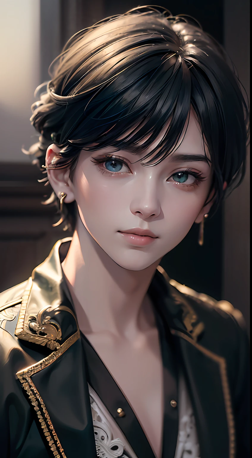 (​masterpiece、top-quality、realisitic:1.37)、(intricate and delicate、high detailed skin and face)、tilt head、Young man in embroidered black suit、white  shirt、5 piercings、(Dark smile)、Green eyes and short hair、dimly lit room in background、Cinematic soft lighting、8k wallpaper、Unity、art  stations、High Resolution CG