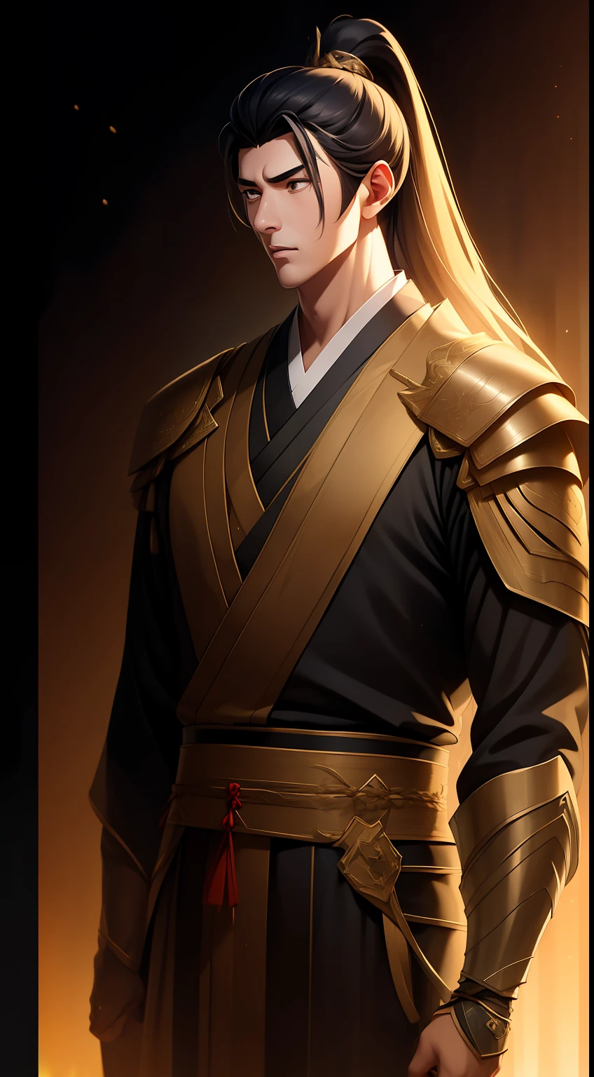 quadratic element，style of anime，mtu（Male Warrior），The proportions are correct，Face details，swordsmen，High ponytail hairstyle，Neck details，There is an Adam's apple，Black Hanfu，kaftan，Embroidered robes，Black robe，clothes details，Handing over，longer sleeves，Game quality，Swordsmanship，Light and shadow tracking，Ray traching，detailed glow，cg render，hair detail，long  white hair，Black eyes，Handsome，Handsome，（juvenile sense），Clothing is complicated，Perfectcomposition，Refinement，high qulity，higher details，Lots of details，The background is complex，a sense of atmosphere，