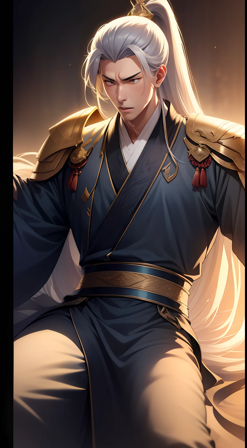 quadratic element,style of anime,mtu(Male Warrior),The proportions are correct,Face details,swordsmen,High ponytail hairstyle,Neck details,There is an Adam's apple,Black Hanfu,kaftan,Embroidered robes,Black robe,clothes details,Handing over,longer sleeves,Game quality,Swordsmanship,Light and shadow tracking,Ray traching,detailed glow,cg render,hair detail,long white hair,Black eyes,Handsome,Handsome,(juvenile sense),Clothing is complicated,Perfectcomposition,Refinement,high qulity,higher details,Lots of details,The background is complex,a sense of atmosphere,
