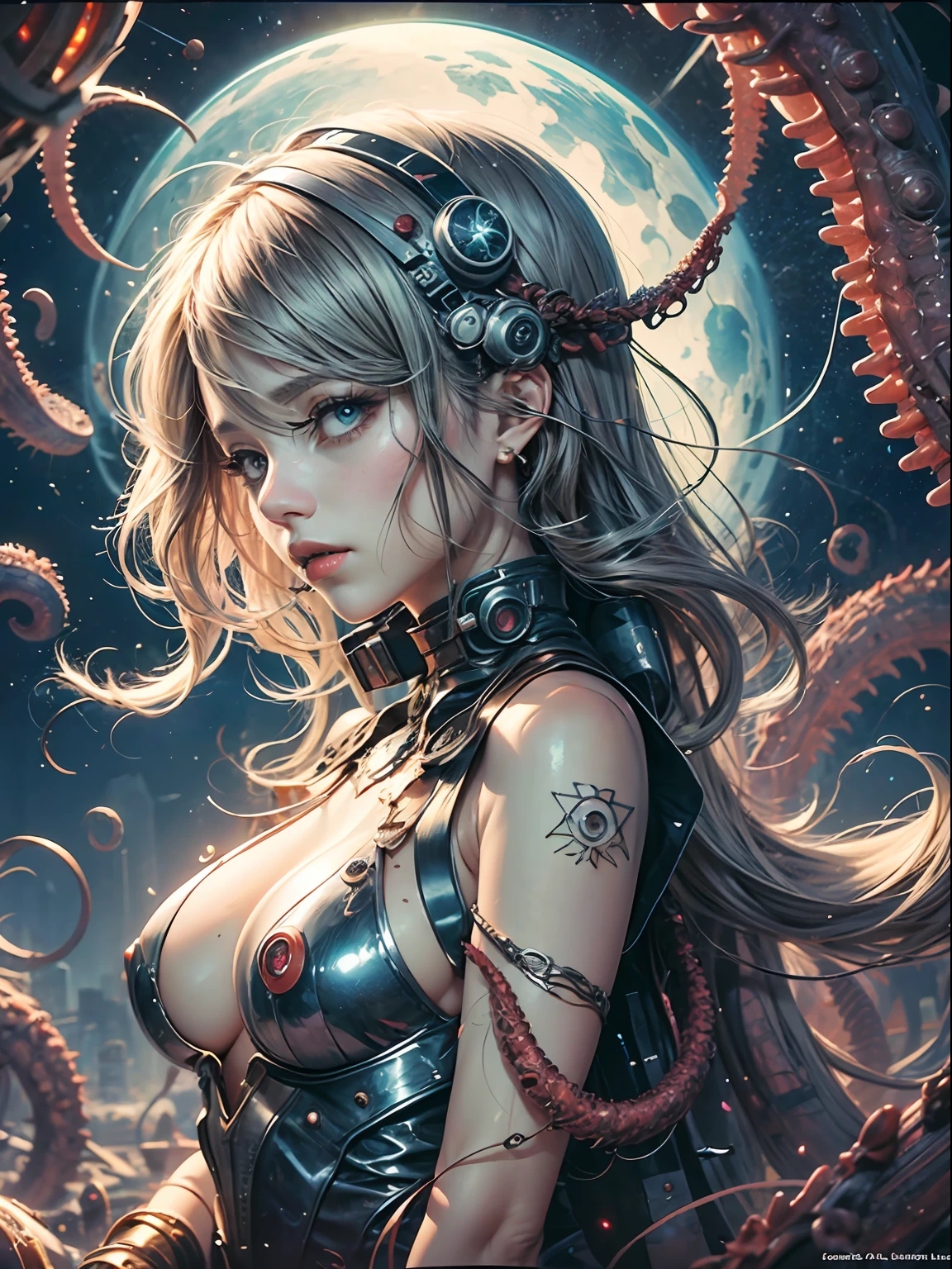 high high quality,tmasterpiece,Delicate facial features,Delicate hair,Delicate eyes,Delicate hair,anime big breast,Stylistic illustration of a woman in a spacesuit,Machinary,Tentacles wrapped around her, Fine details,style of anime, Covered with tentacles, tentacles around, beautiful octopus woman, some tentacles are touching her, sense of science and technology,sci-fy,digital art from danganronpa, A beautiful artwork illustration, jellyfish priestess, blood moon tentacles,High-quality anime works, 8K high quality detailed art(Delicate facial portrayal)(Fine hair portrayal)(highest quality)(Master masterpieces)(High degree of completion)(a sense of atmosphere)8k wallpaper,tmasterpiece,Best quality at best,ultra - detailed
