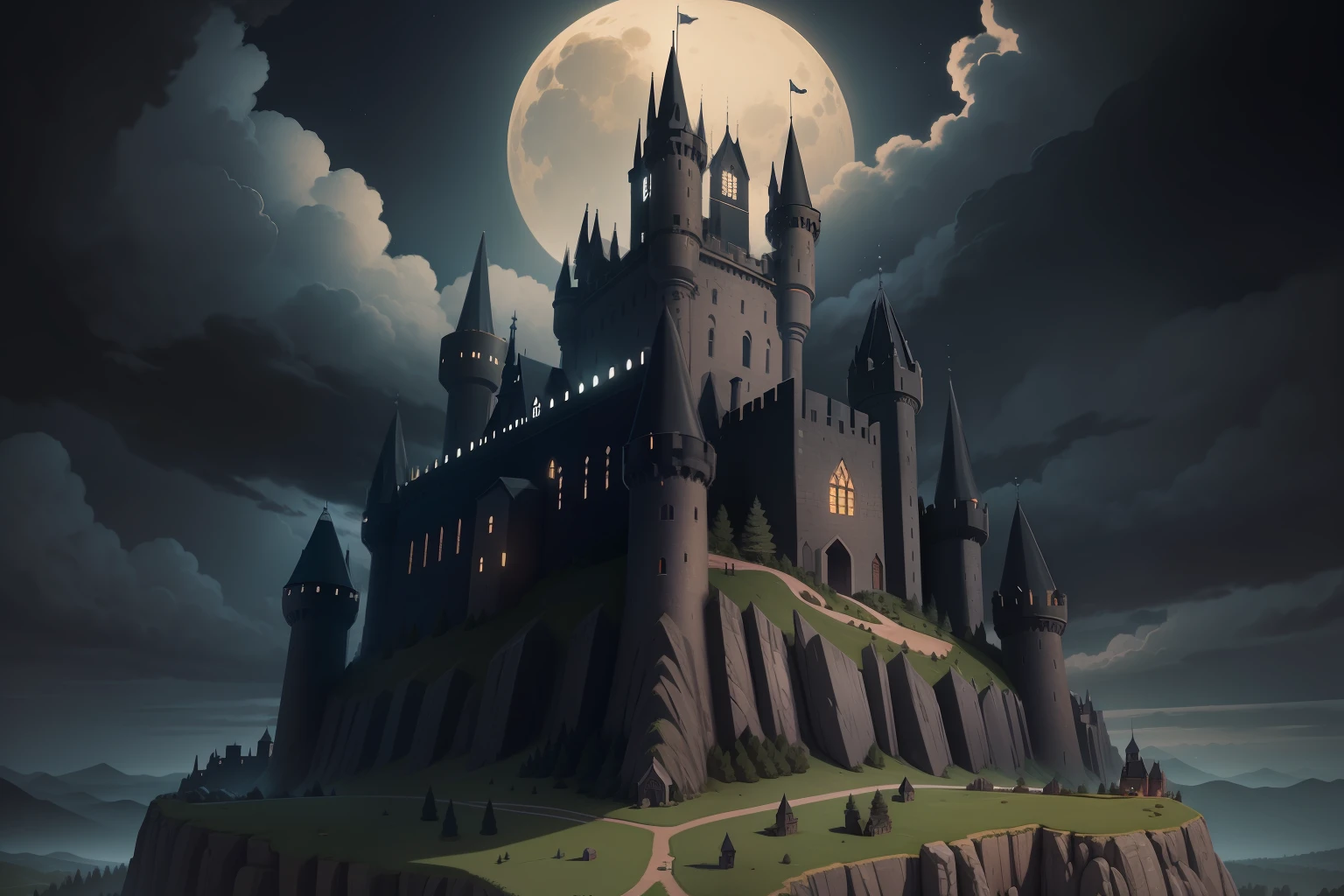 A close up of a castle on a hill with a full moon in the background ...