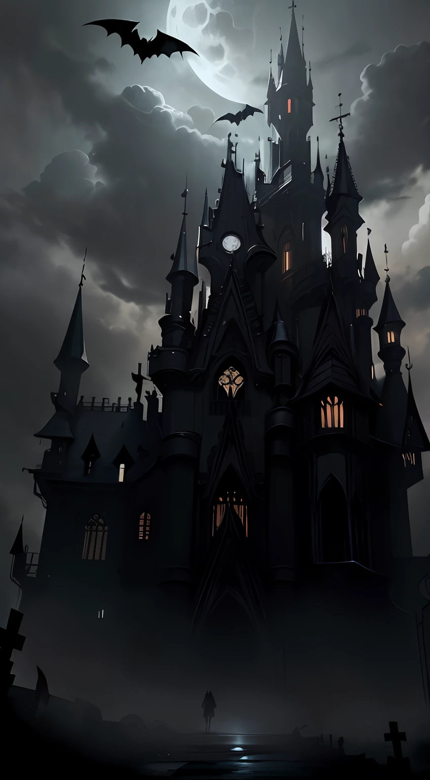 Magnificent dark castle,Gray stone path,Looming street lights,(The vista has the back of a walking girl in a black trench coat:1.2),(There are flying bats in the sky:1.2),(Old European castle architectural style),(Moonlight shines through the clouds),(The picture presents a mysterious and obscure gray tone),(tmasterpiece),(Best picture quality),(Very detailed and uniform picture),(8k wallpaper),(Tyndall effect),(light and shadow effect),The creation is inspired by movies《Vampire Dracula》