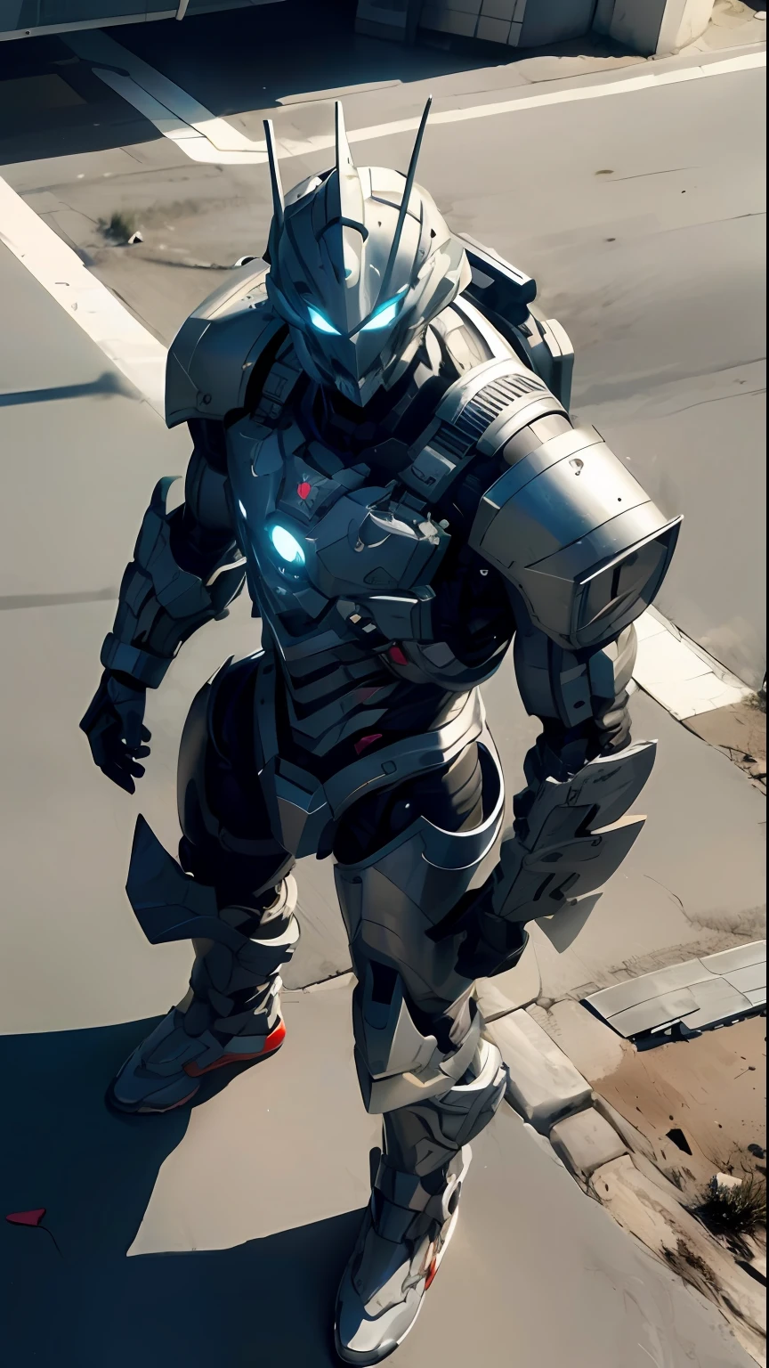 0ORAISER photo,Professional RAW color photos,(power armour、独奏),Power armor details,armure,flight deck,(Armor dress),armature,thrusters,Head unit,Joints,city ruins,background detail,Top angle of view,(Huge feeling),(full body shot shot,looking to the camera,Top angle of view)