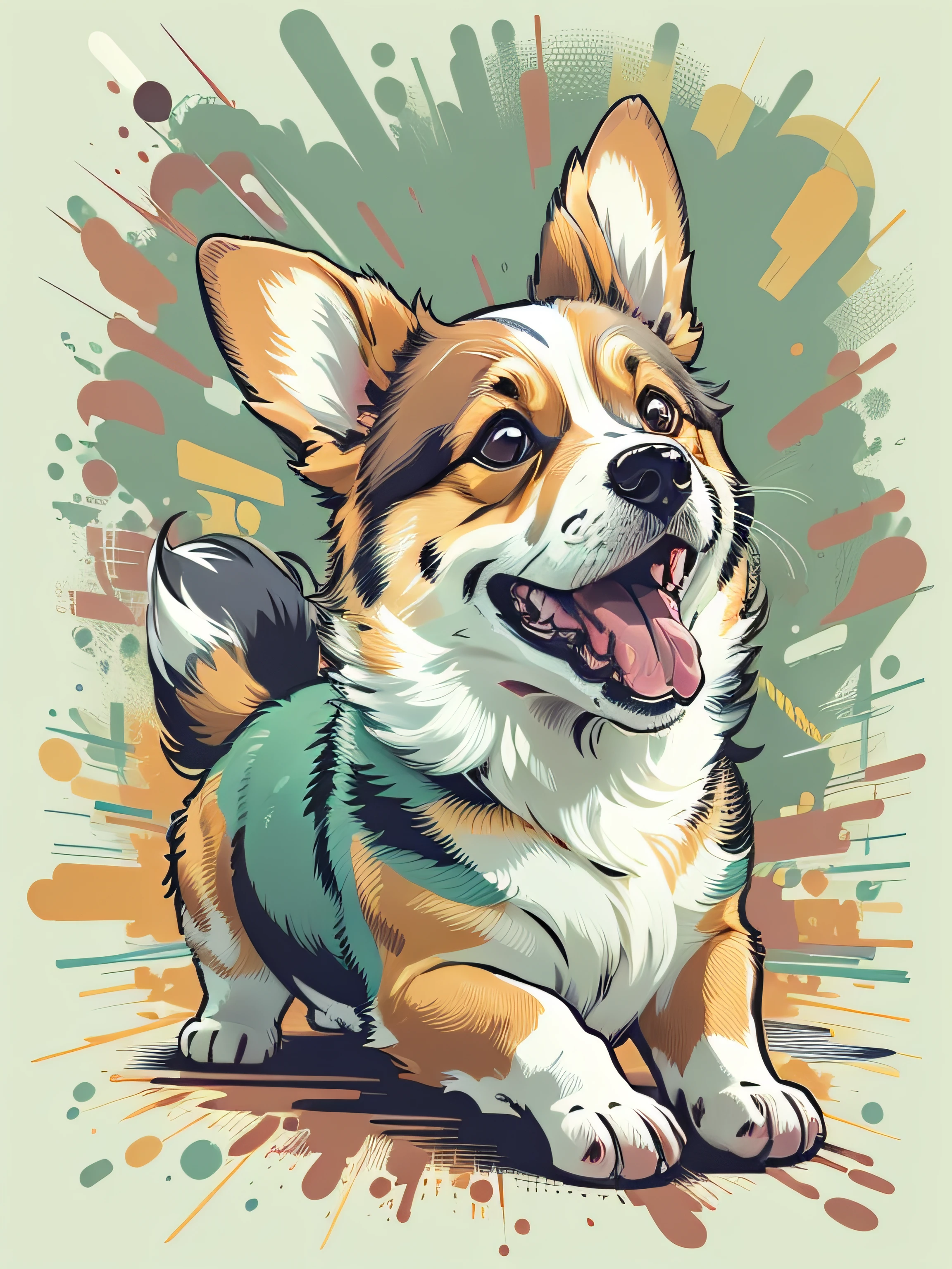 vector, Print-ready colorful graffiti, Illustration of a corgi puppy, action shot, high detail, whitebackground