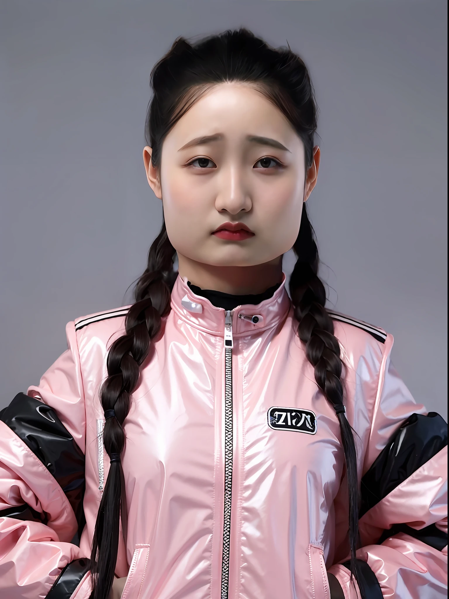 A Chinese high school girl，Wear a pink skinny PVC zippered jacket，long braid