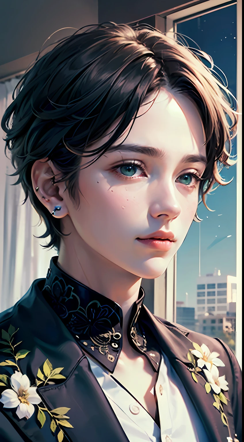 (​masterpiece、top-quality、realisitic:1.37)、(intricate and delicate、high detailed skin and face)、Young man in floral pattern and black suit、white  shirt、Five piercings、(murky)、Green eyes and short hair、dimly lit room in background、Cinematic soft lighting、8k wallpaper、Unity、art  stations、High Resolution CG