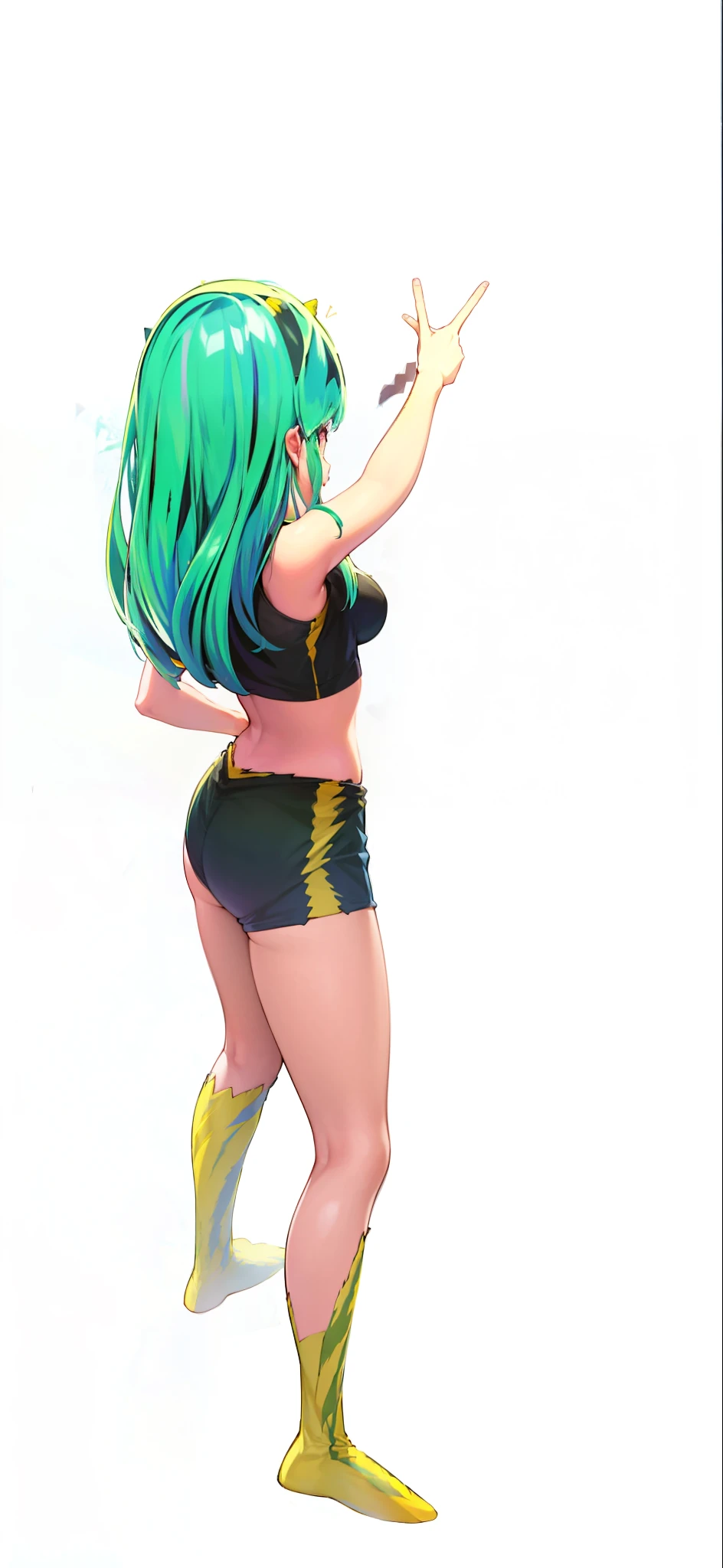 Tiger print boots、sport underwear、Woman with green hair and horns、Tiger print bikini、dance、animesque、urusei yatsura、A smile
