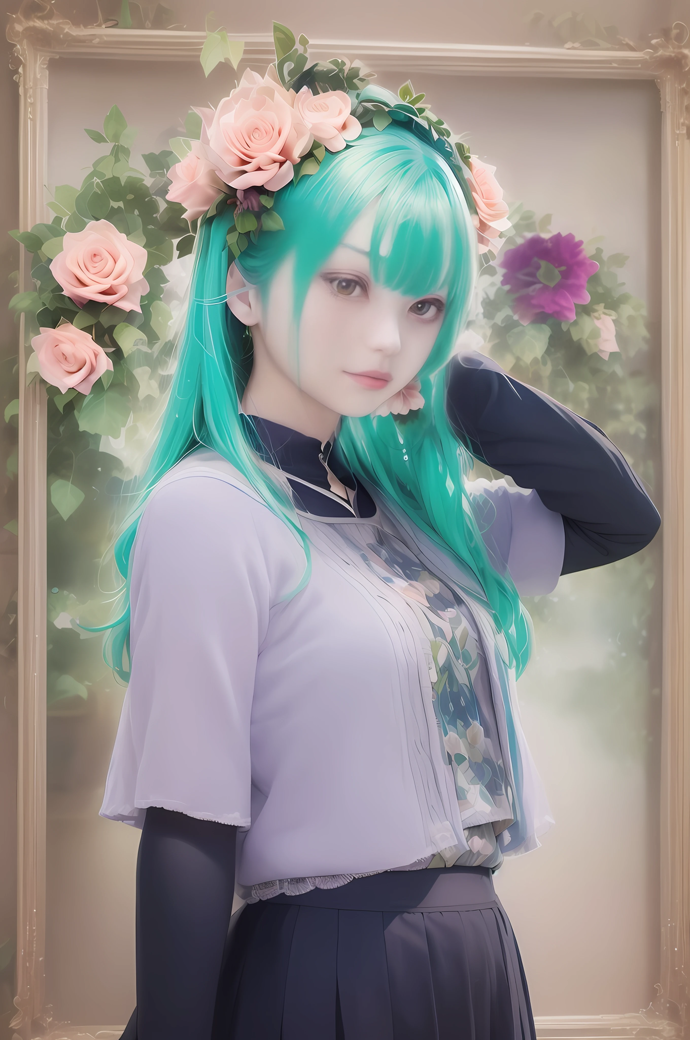Photographic poster of beautiful women, Sony α7, 35mm Lens, f1.8、((Konmutsuki_gacha_series1, punk_rosette))), cute girl, aqua color flowers, (full body), elegant flowers background, realistic photo, beautiful woman, Beautiful girl, beautiful background, charming girls, realistic 3d style, photo realistic render