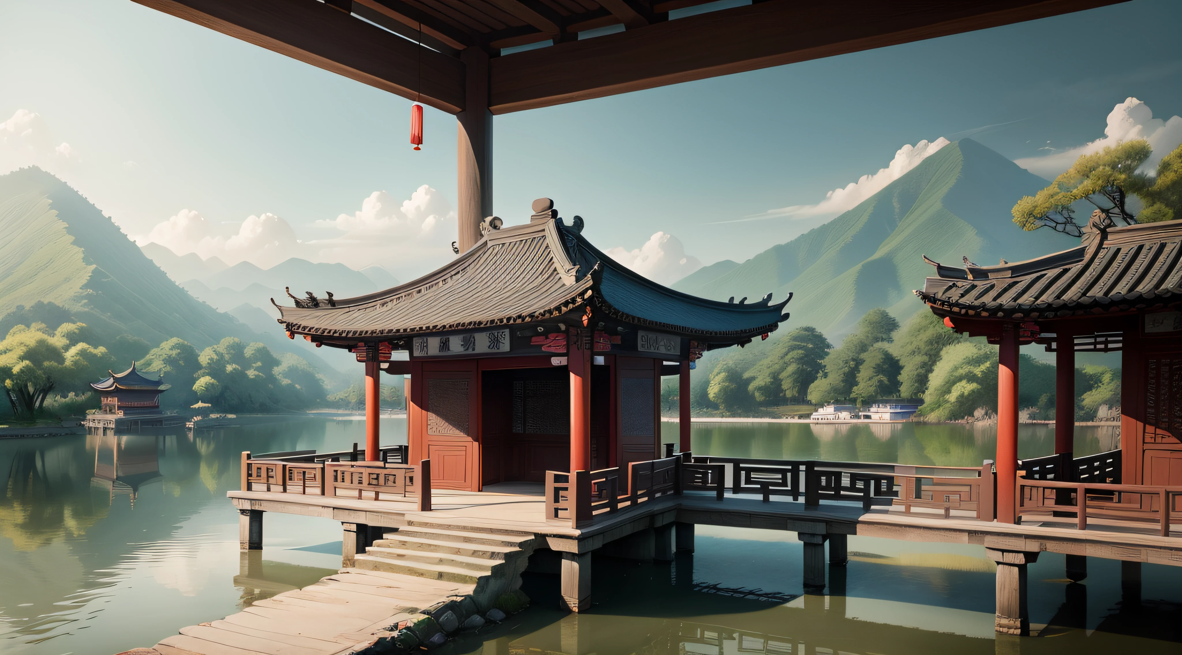 Ancient Chinese traditional ink painting style, Qiantang, Hangzhou, West lake, Stone bridge, pavilion, Willow shade, lake water, Far Mountain, White clouds, ultra-wide-angle,Ray tracing, Great masterpiece, High quality ancient Chinese style, Beautiful scenery, Beautiful picture,Tradition Chinese Ink Painting style,