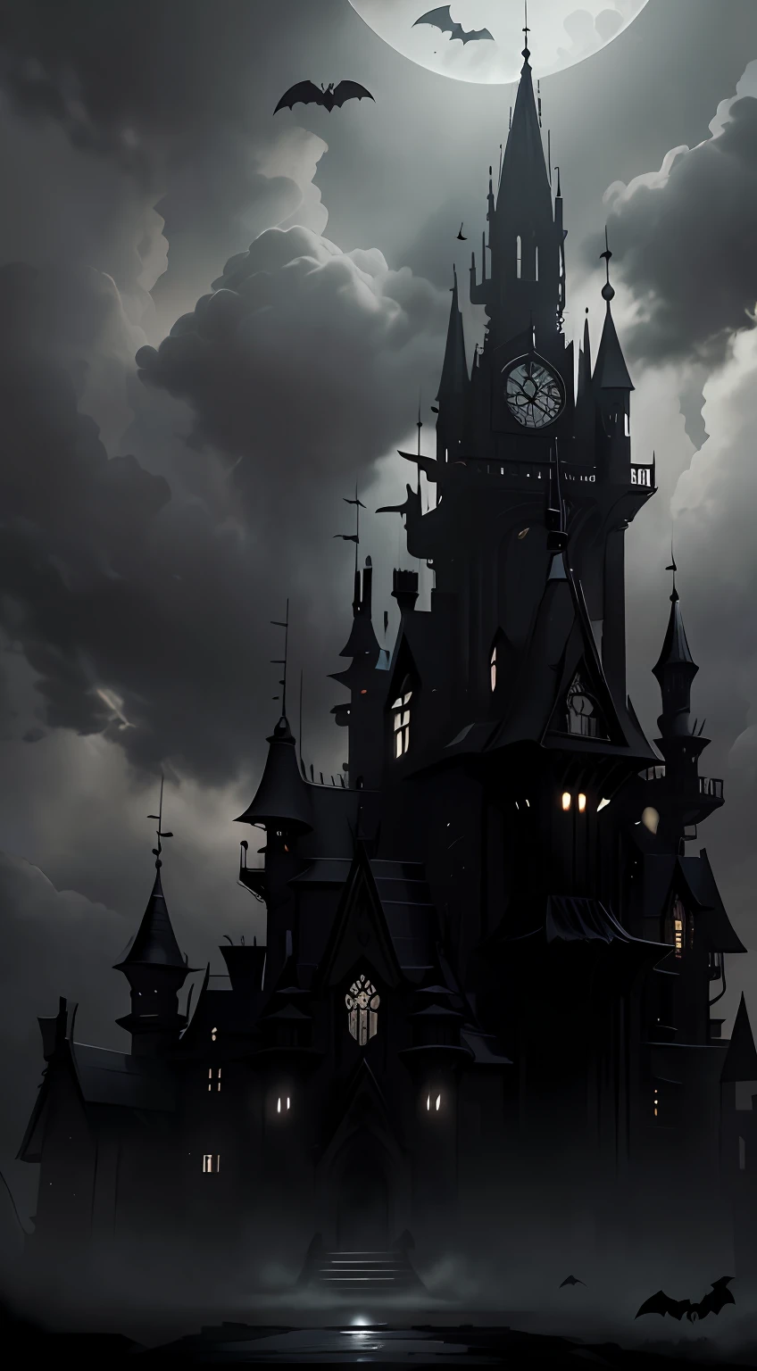 Magnificent dark castle,Gray stone path,Looming street lights,(The vista has the back of a walking girl in a black trench coat:1.2),(There are flying bats in the sky:1.2),(Old European castle architectural style),(Moonlight shines through the clouds),(The picture presents a mysterious and obscure gray tone),(tmasterpiece),(Best picture quality),(Very detailed and uniform picture),(8k wallpaper),(Tyndall effect),(light and shadow effect),The creation is inspired by movies《Vampire Dracula》