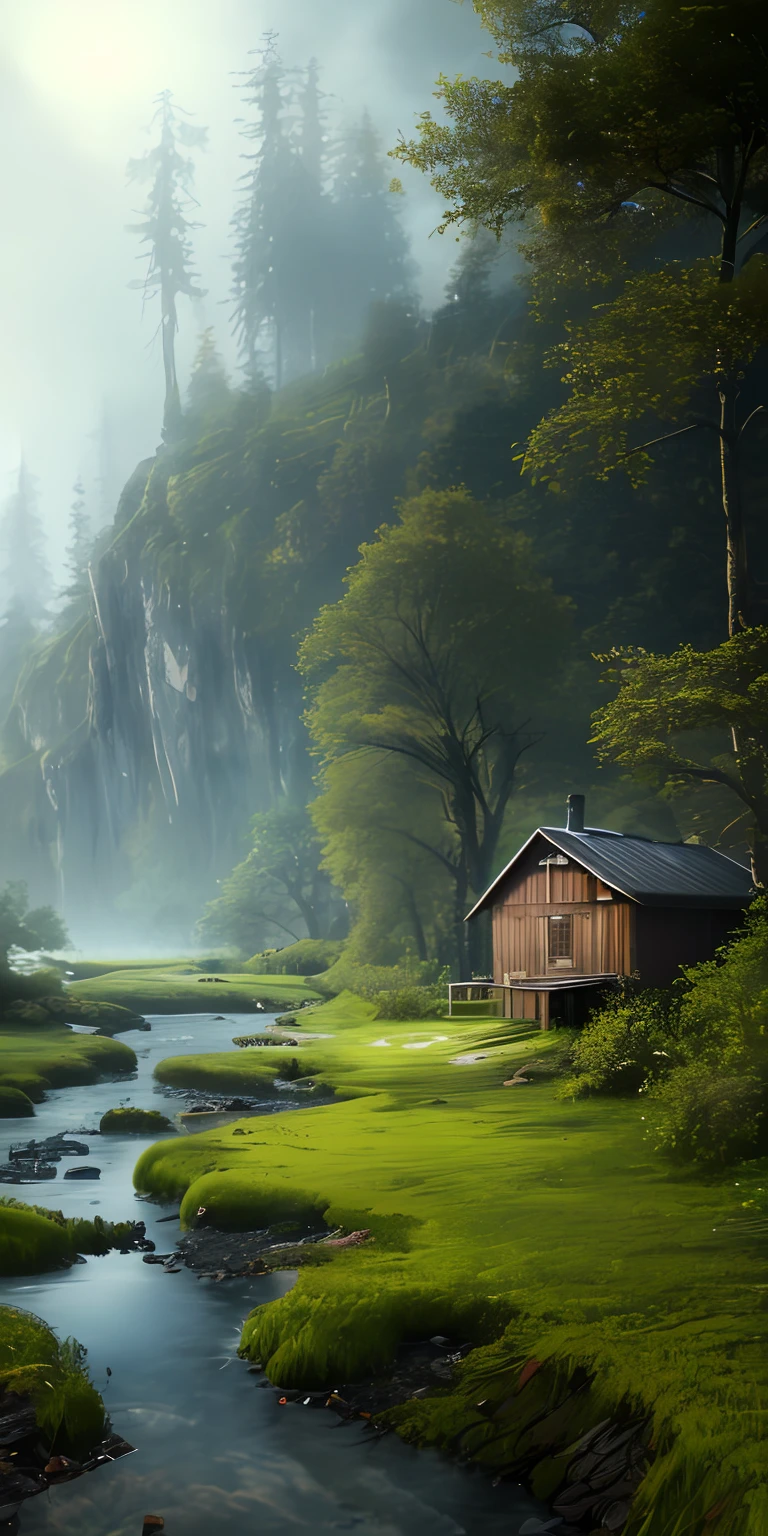 Analog style, ChromaV5, nvinkpunk,(extremely detailed CG unity 8k wallpaper), A Landscape of a murky and ominous swamp, the water is still and dark, the trees are twisted and gnarled, with moss hanging from the branches, a thick mist hangs in the air, the feeling of unease is palpable, oil paiting, award winning photography, Bokeh, Depth of Field, HDR, bloom, Chromatic Aberration ,Photorealistic,extremely detailed, trending on artstation, trending on CGsociety, Intricate, High Detail, dramatic, art by midjourney,A small cabin between hills,a small river beside,clear water,rocks, realistics,ultra hd, high definition,wallpaper size,