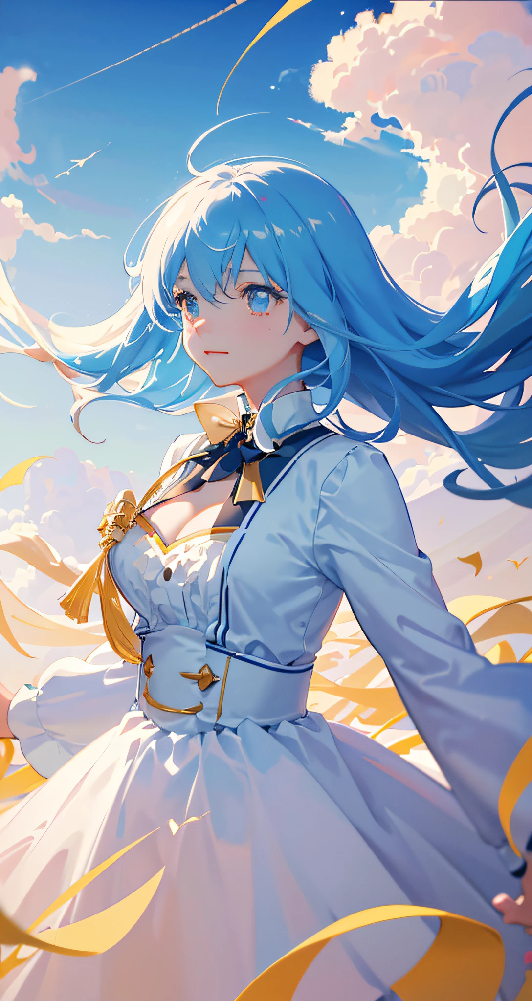 tmasterpiece,best qualtiy,cinematic Film still from,1girl,Floating in the sky,Cloud Girl,clouds,(closeup cleavage:1.1),brightly,Streamer hair,cheerfulness,intriguing,gentlesoftlighting,(bauhause,shape,lineworks,abstracted:1.1)