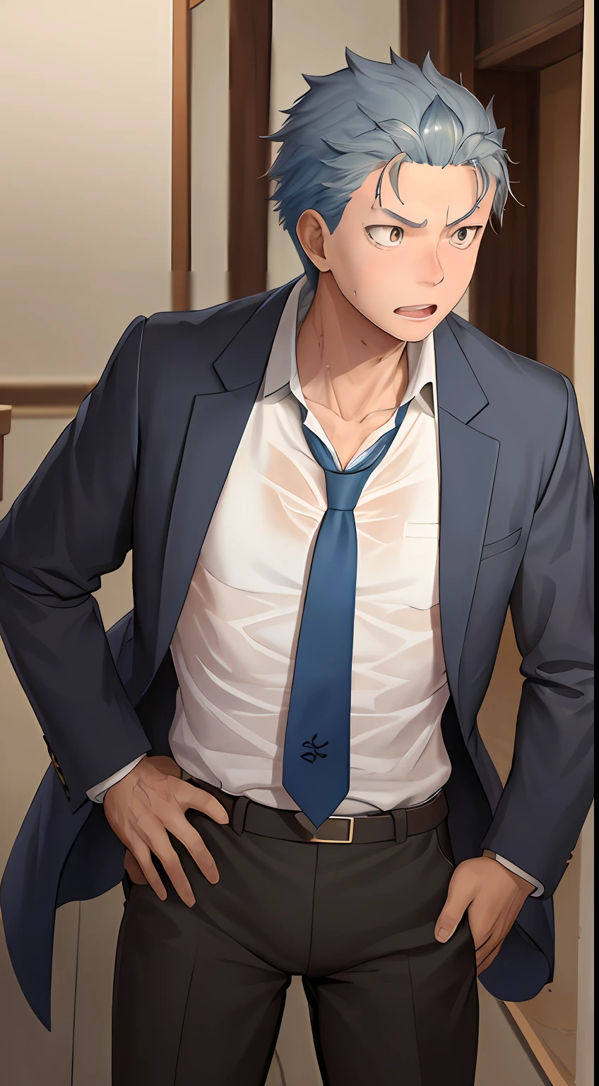 (1 Adult male),A high resolution, Sharp focus, Pixiv masterpiece, ((Complicated details)), highly detailed, natsuki_subaru, 1 man, with her mouth open,drools,full bodyesbian, Golden eyes(eyes glowing), blond hairbl,white shirt,Blue tie,thongs,obi strip,cloaks,Drenched,soaking wet,perspire,look from down